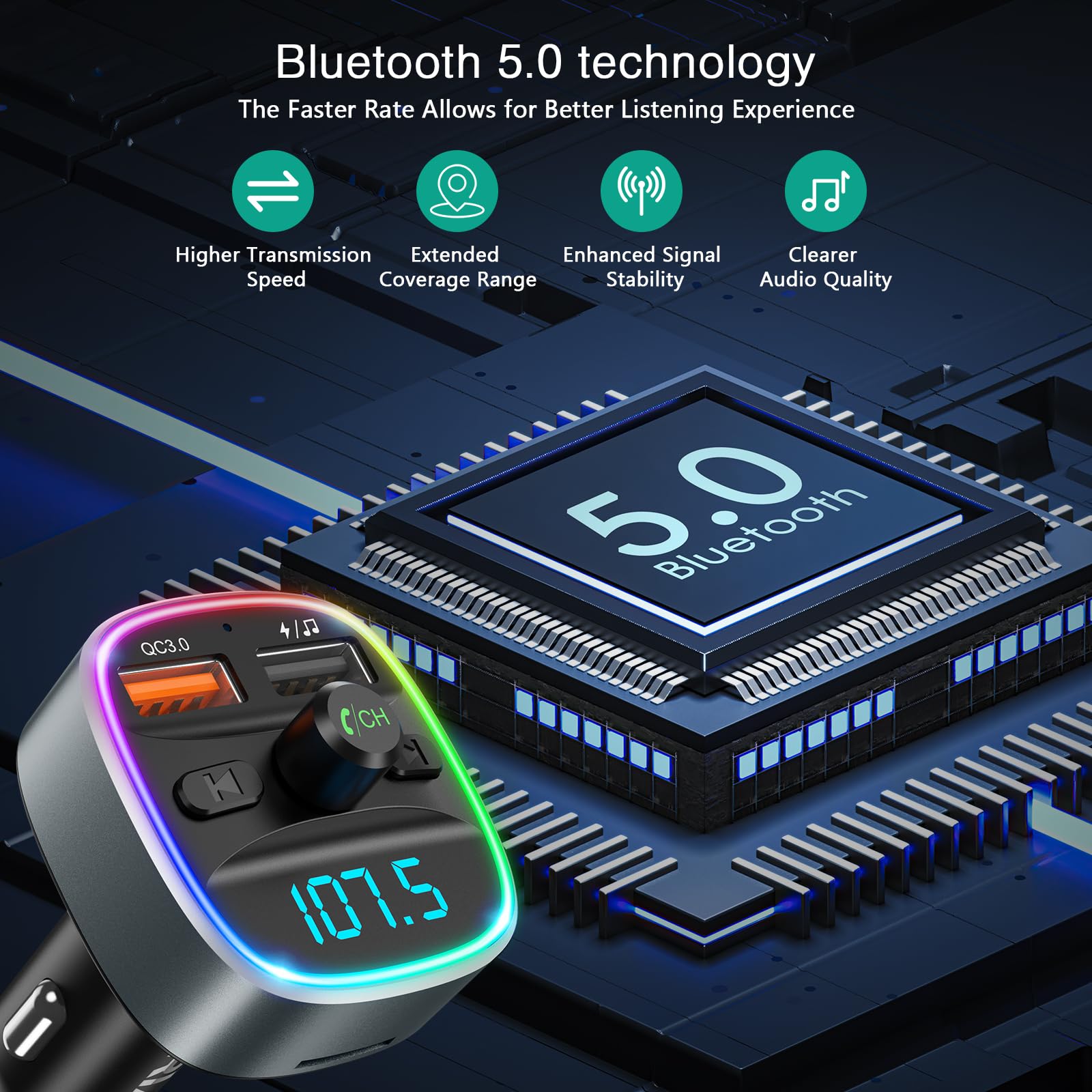 Transmetteur FM Bluetooth 5.0 Pour Voiture - USB, Appels Mains Libres, Lumières RGB !