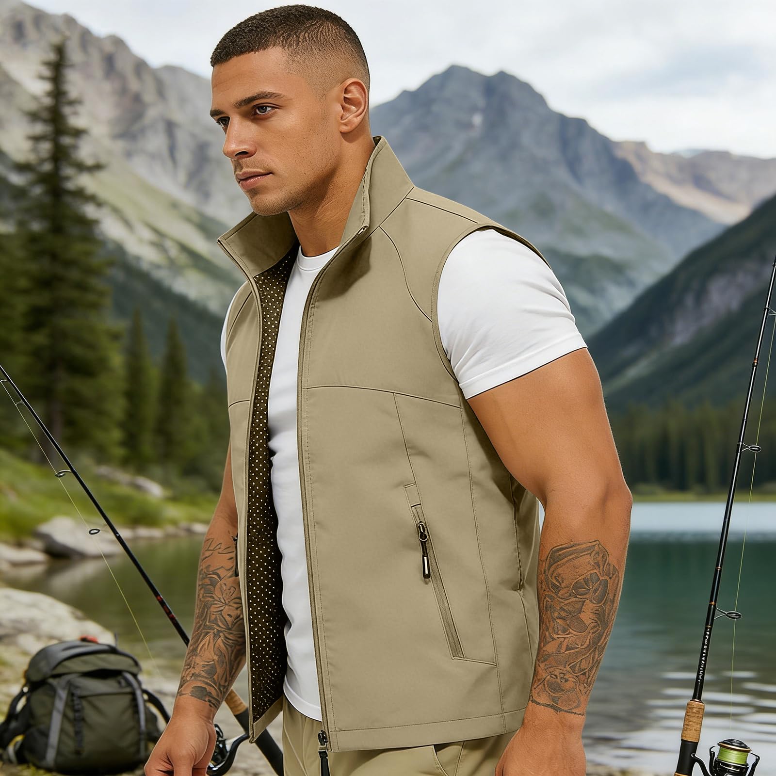 Chaleco de trabajo para hombre al aire libre transpirable, chaleco de pesca ligero, cuello alto sin mangas con cremallera