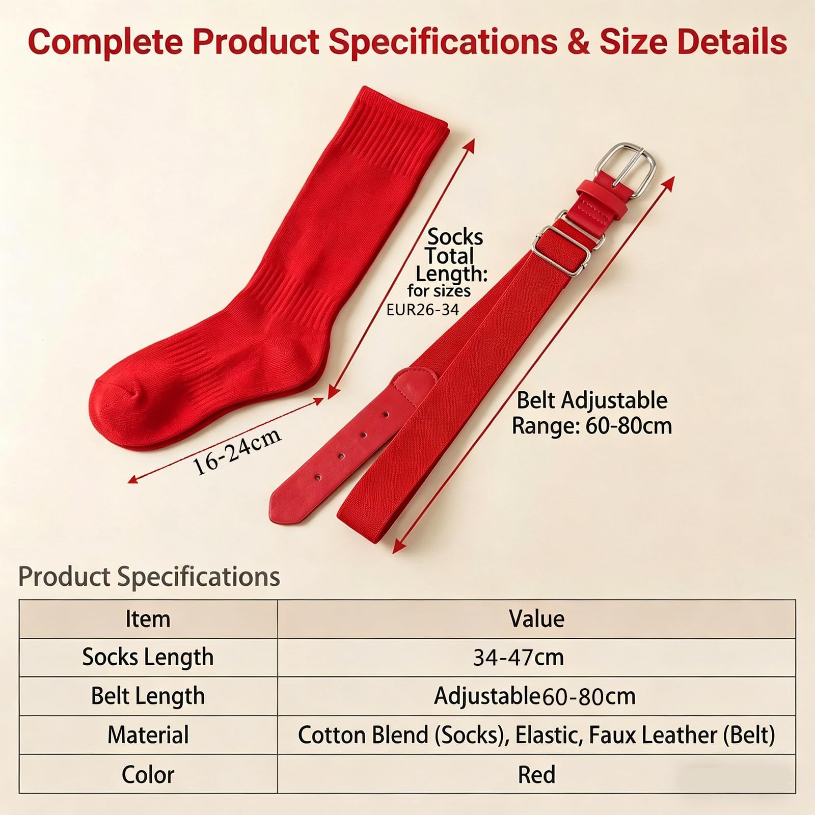 VASANA Baseball-Socken und Gürtel, verstellbar, Softball-Socken, elastisches Polyurethan-Leder, Hüftgürtel, Sport-Zubehör für Unisex-Jugendliche (geeignet für Schuhgrößen 26–34 EU/18–22 cm), rot, S
