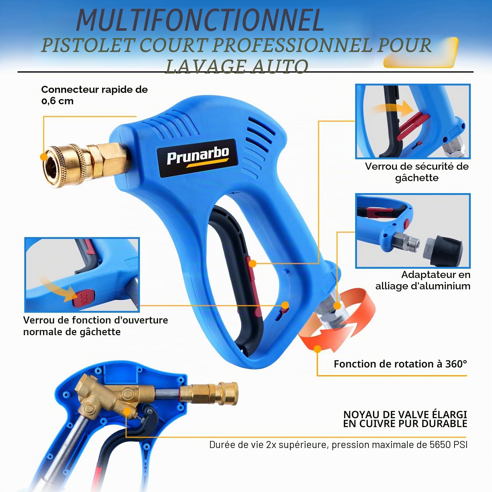Kit Pistolet de Nettoyeur Haute Pression avec Canon à Mousse, 1/4" Raccord Rapide, 5 Embouts de buses, Adatateur compatible Nilfish/Bosch (PR-M02-NB-B)