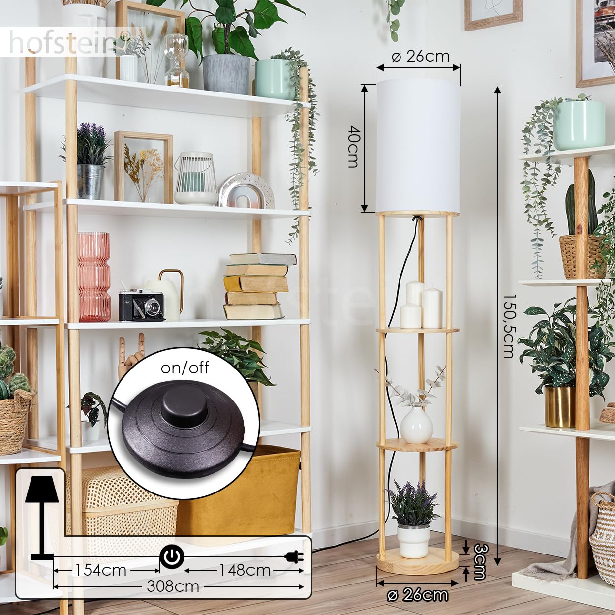Lampa podłogowa Hamaa, lampa stojąca wykonana z drewna/tkaniny w kolorach naturalnych/białych, skandynawski design, klosz Ø 26 cm, półki i włącznik nożny, wysokość 150,5 cm, 1 x E27, bez żarówki