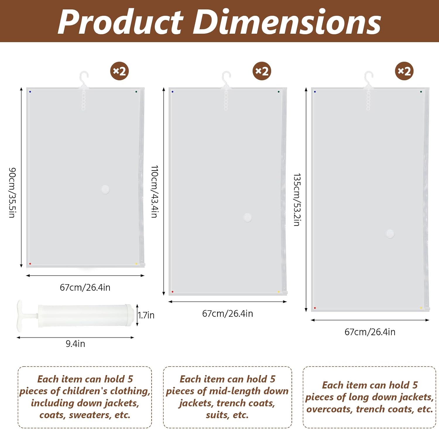 Novabright 6 Pack Hanging Vacuum Storage Bags for Clothes with Hand Pump, Space Compression, Clear Hanging Vacuum Seal Bags for Closet Organizer Jackets, 2 Long 2 Medium 2 Short