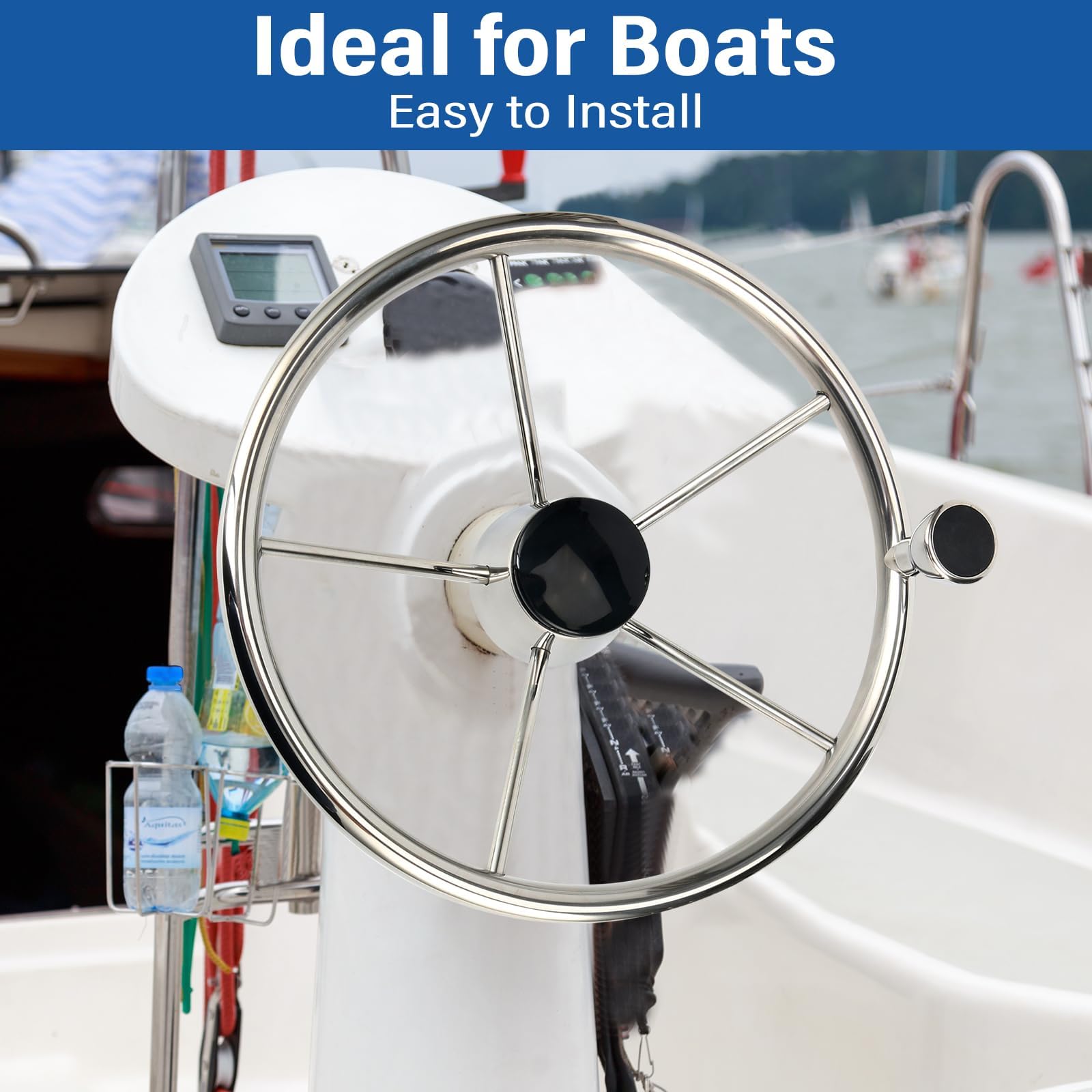BOOMSTART Timone per barca 5 razze Ø 343 mm (13 1/2 pollici) argento con coperchio nero e pulsante taglia M, per barca a pontone, yacht universale