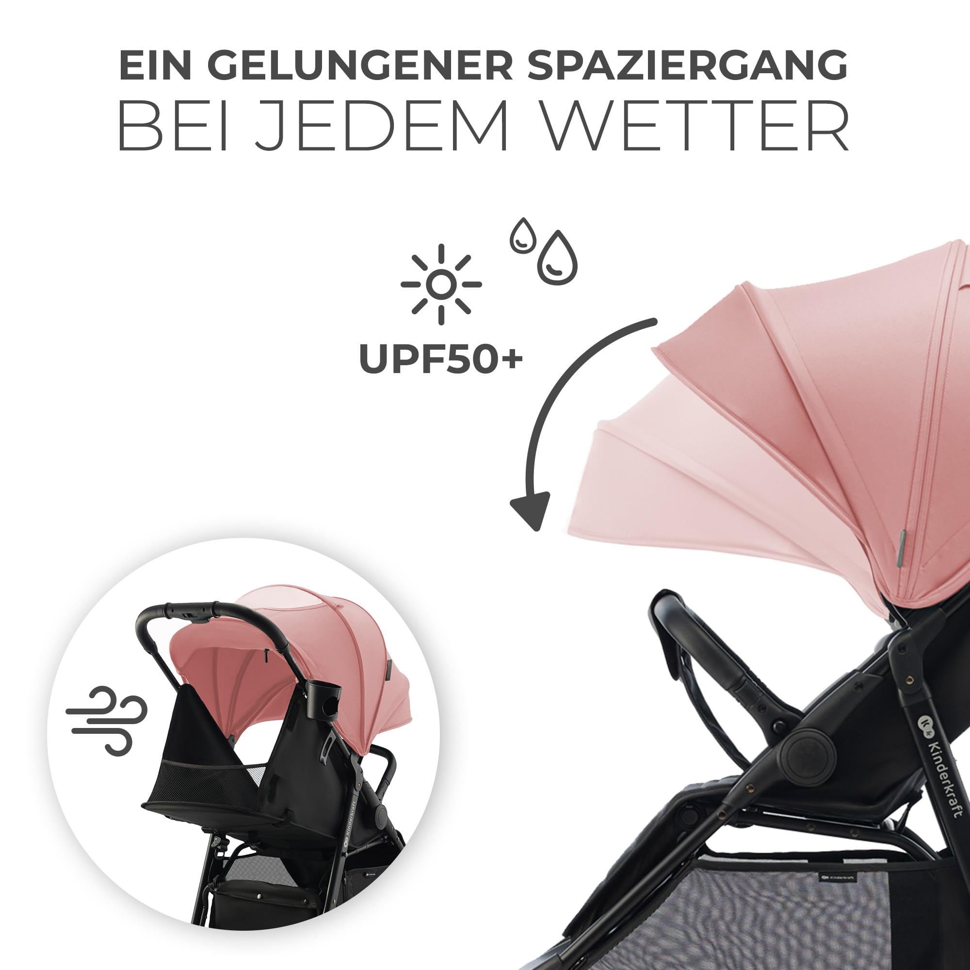 Kinderkraft RINE Buggy bis 22 kg, Kinderwagen, Mit einer Hand zusammenklappbar, wasserfestes Verdeck mit UPF50+ Filter, liegende Position, Getränkehalter im set, Rosa