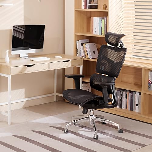 Kinna EK Silla de oficina ergonómica de malla, silla de oficina con reposacabezas y reposabrazos 4D ajustables avanzados, soporte lumbar para largas