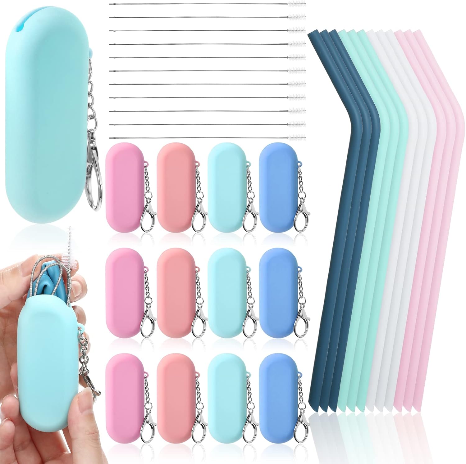 12 Set Silicone Straws with Case Reusable Straws Travel Portable Foldable Straw