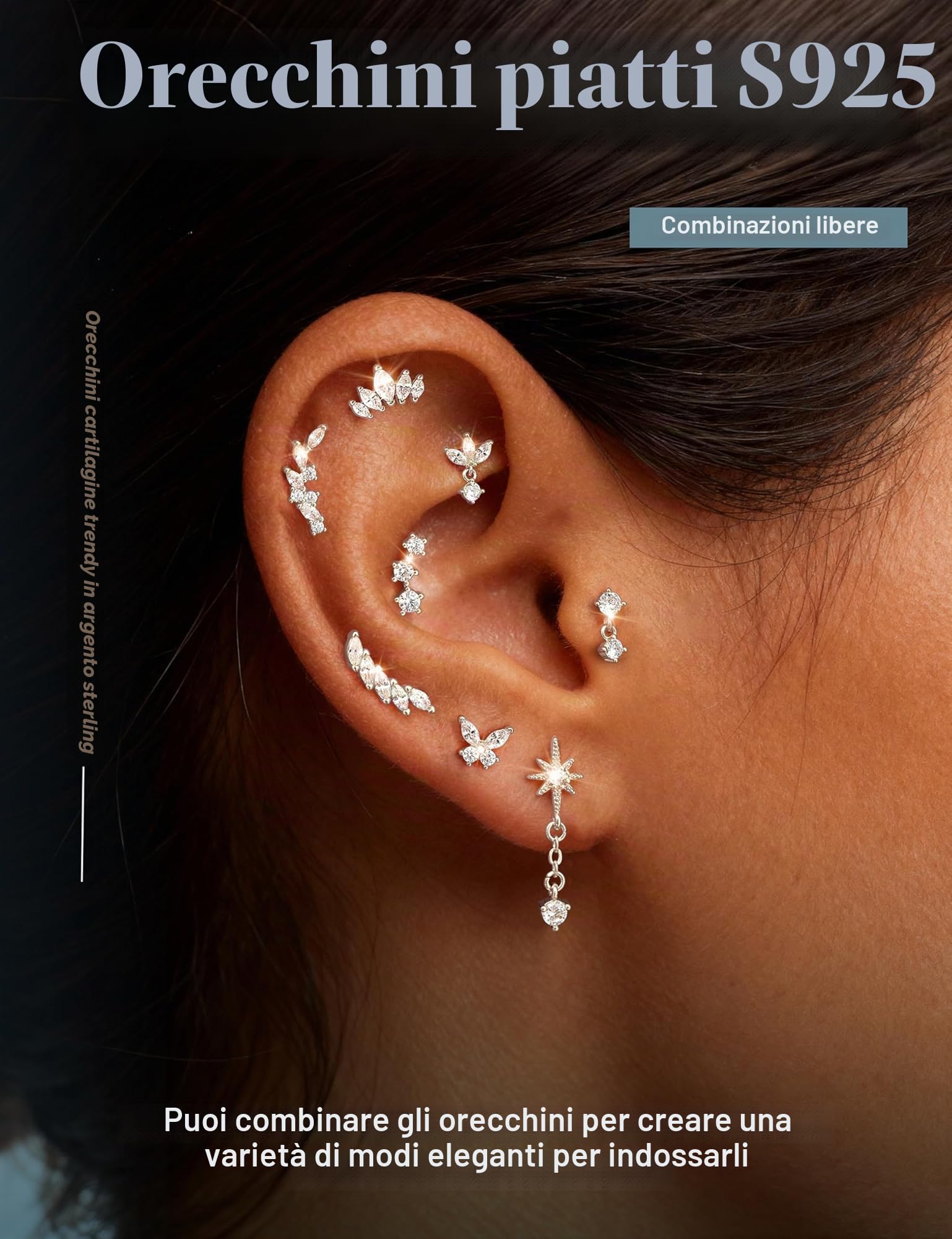 Adramata Orecchini Argento 925 Donna Orecchino a Bottone Anallergici Brillanti Piercing Orecchio Cartilagine Piercing Trago Helix Piercings Orecchini Donna Argento/Or
