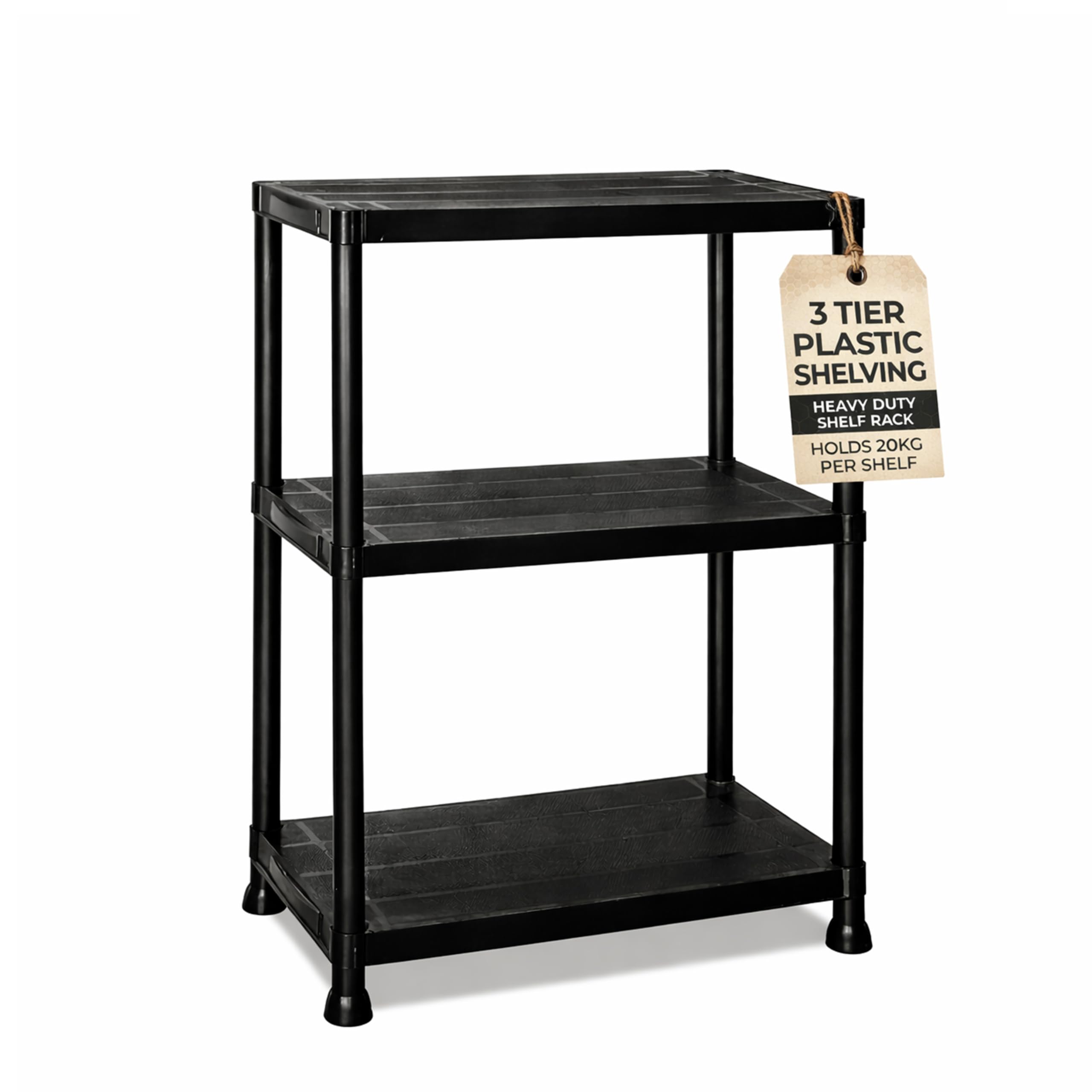 Crystals 3 Tier Plastic Shelving Unit | Garage Shelving Units | Heavy Duty Racking Shelving & Storage | Multipurpose Plastic Storage Shelves for Garage, Warehouse, Workshop, Sheds and Office - Black