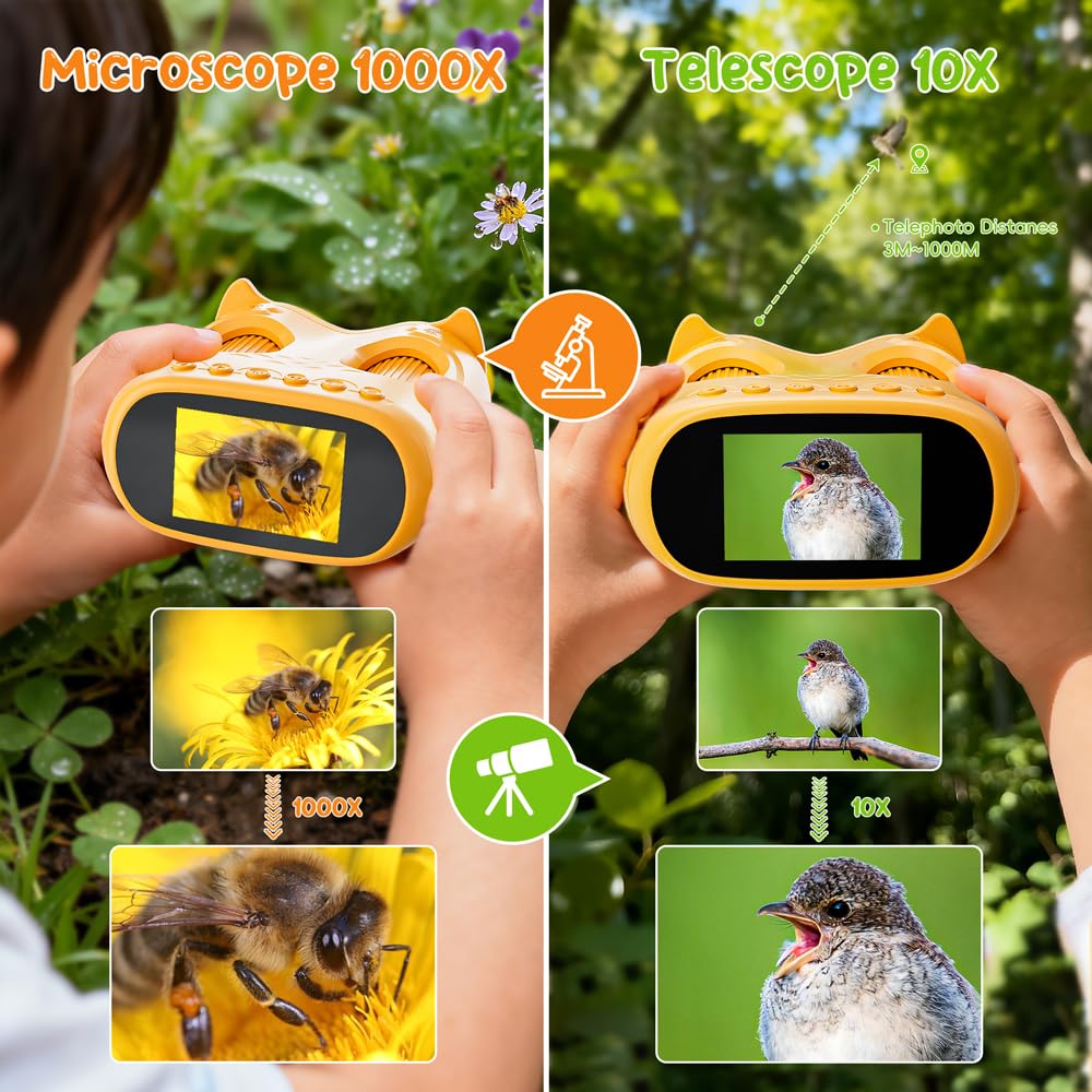 2 in 1 Microscopio Bambini e Telescopio, Temodu Microscopio Digitale da 2.0‘’, Elettronico Portatile Telescopio 10X con 8 luci LED, può essere utilizzato come regalo di compleanno o di Natale (Orange)