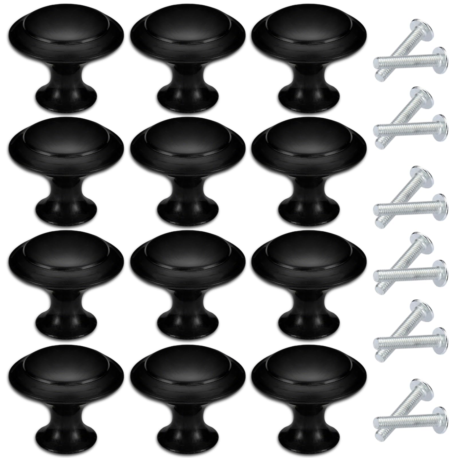 HDFHDF 12 PCS Cupboard Door Knobs with Screws Mushroom Shaped Handle Stainless Steel Circular Single Hole Wardrobe Drawer Tea Water Cabinet Knob (12, Black)