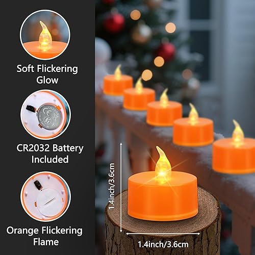 LED Tea Lights - 12 Pack Flameless Battery Operated Candles, 200+ Hours Flickering Warm White, Realistic Fake Tealights for Weddings, Home Decor, Parties, and Sweetest Day(Orange Base,24 PACK)