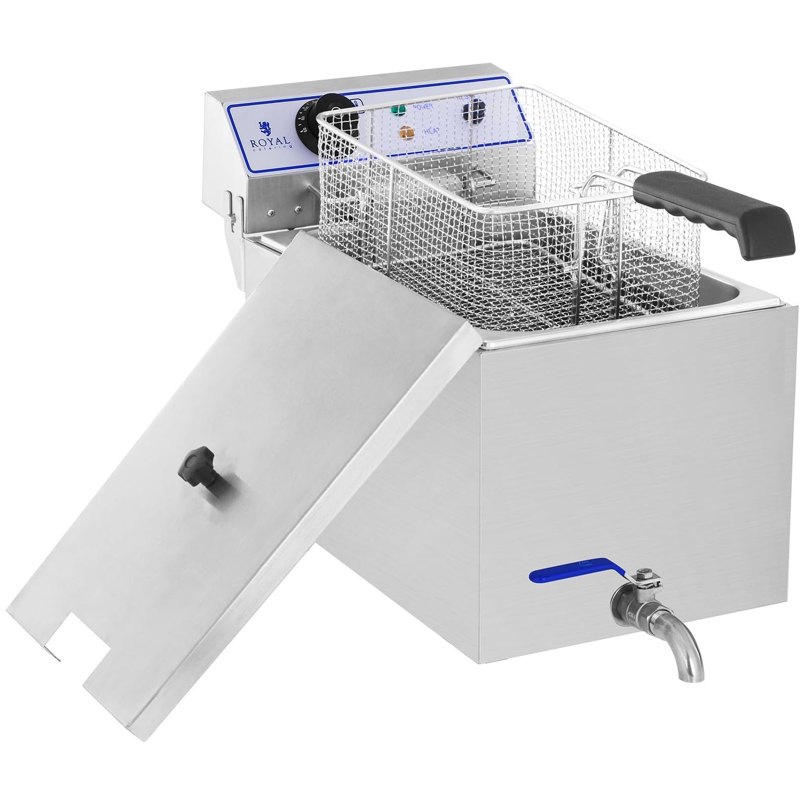 Royal Catering RCEF 15E Friggitrice Professionale Friggitrice Elettrica (17 L, 3.000 W, Termostato, Intervallo della temperatura 60-200 °C, Rubinetto di scarico) Acciaio Inox