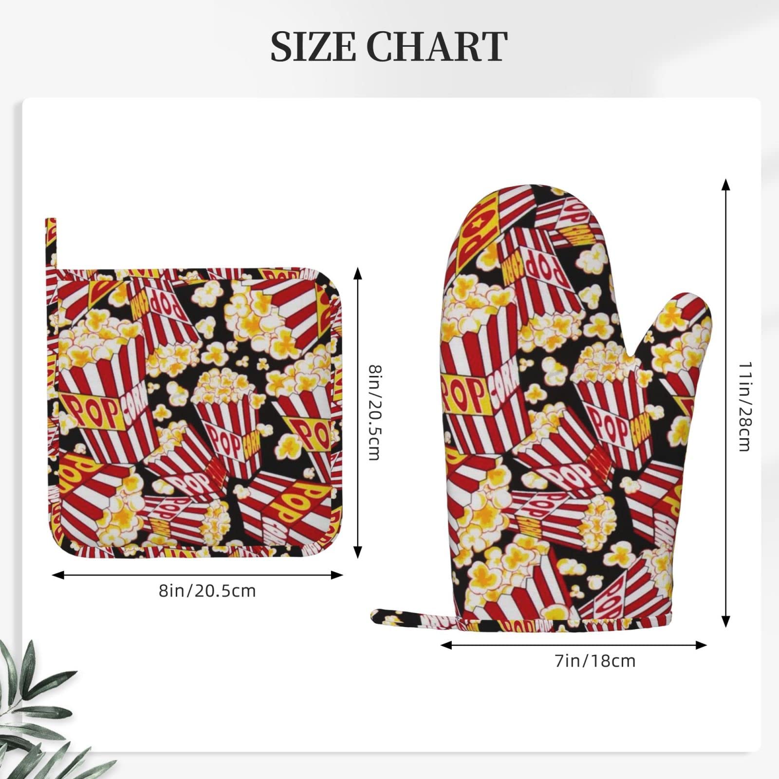 Silikon Anti Verbrühung Popcorn Druck Handschuhe + Anti Verbrühungspads (Linker Handschuh), rutschfeste Küche Ofenhandschuhe zum Kochen, Backen und Grillen. Garten