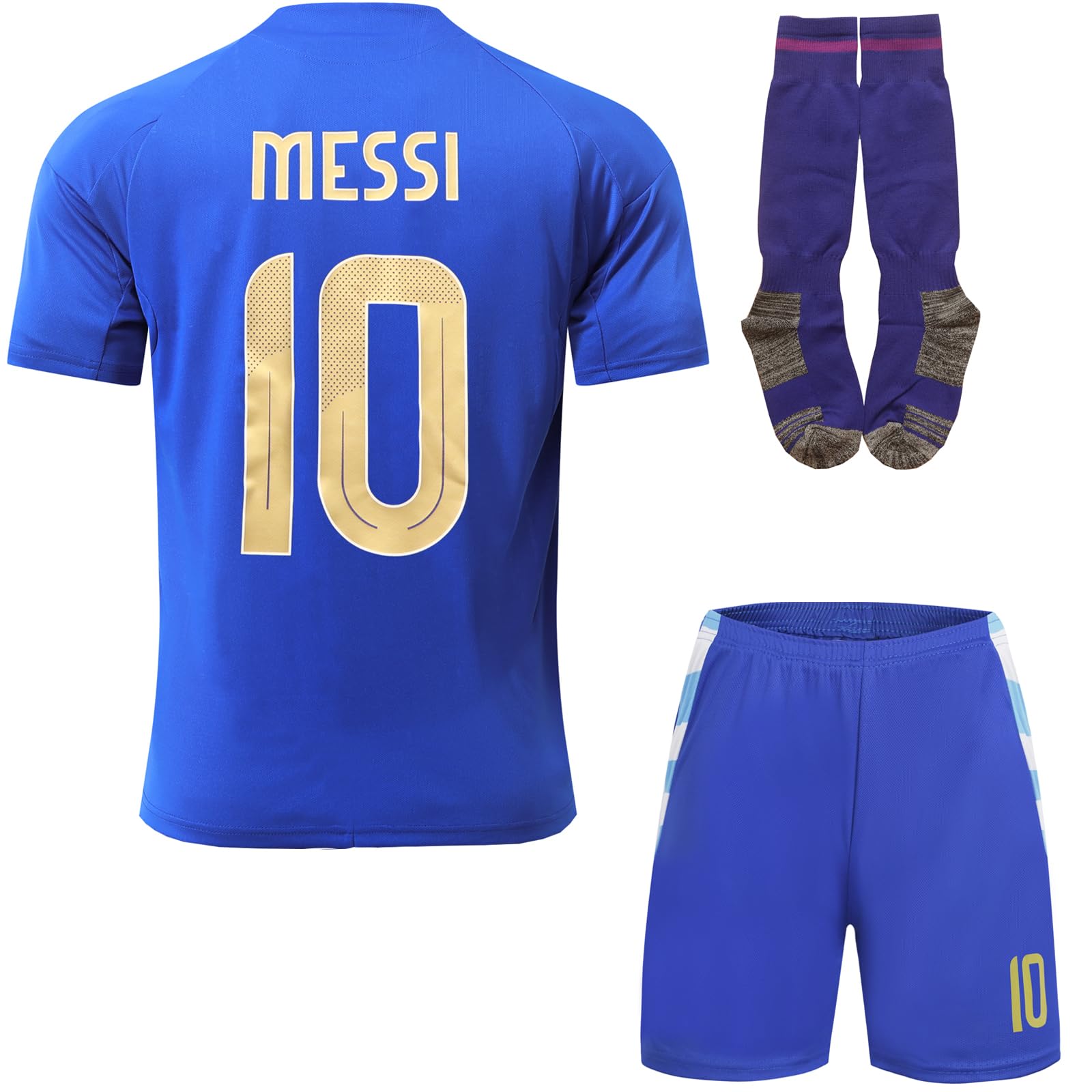 Argentine Copa-American #10 Leo Maillot Extérieur Football pour Enfants Shorts, Chaussettes, Tailles Jeune, Coffret Cadeau