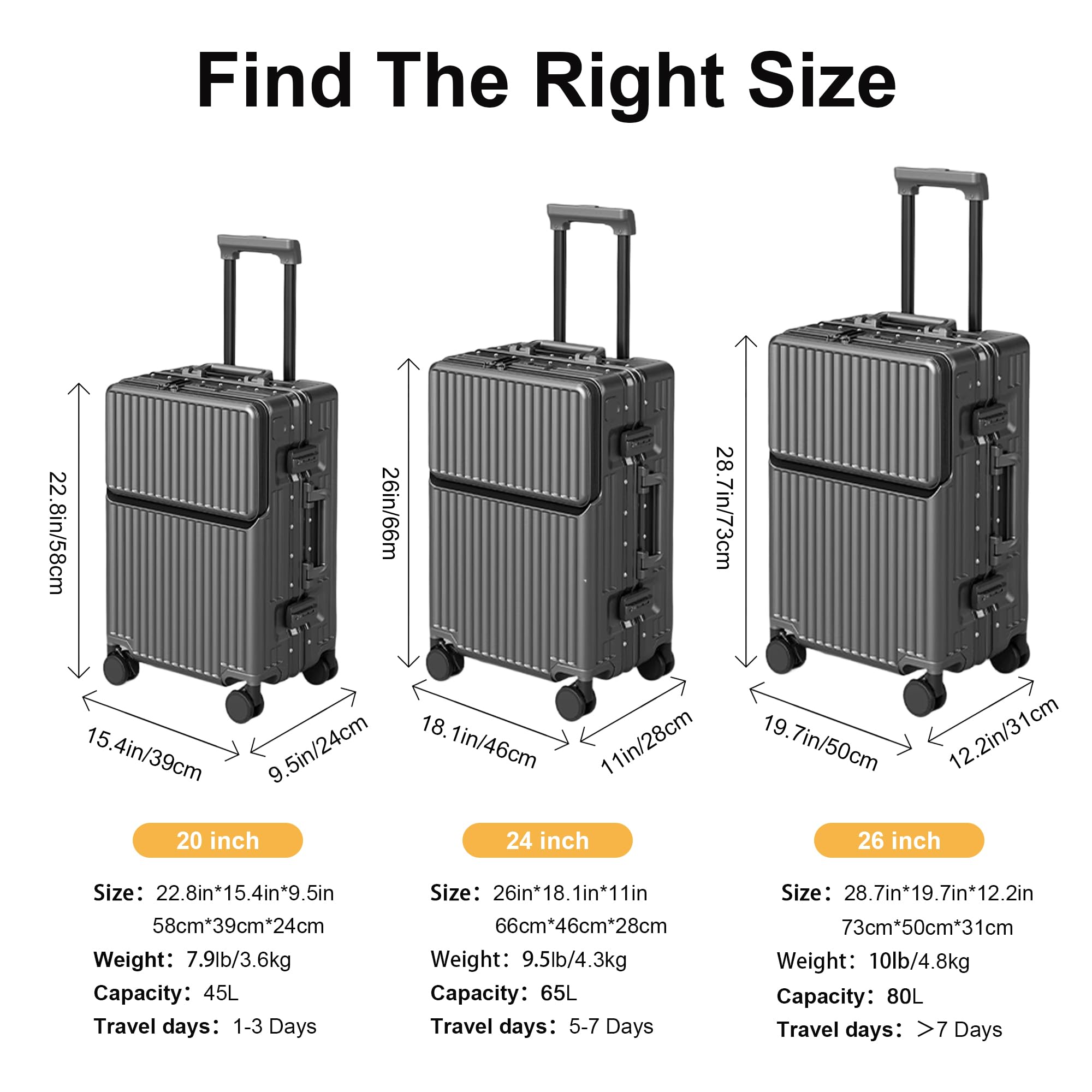Valise Cabine de Voyage homologuée TSA, Coque Rigide en Polycarbonate, Cadre en Aluminium, résistante à la Pression, pour Bagages de 20'' 24'' 26'' (20‘’, Gris foncé)