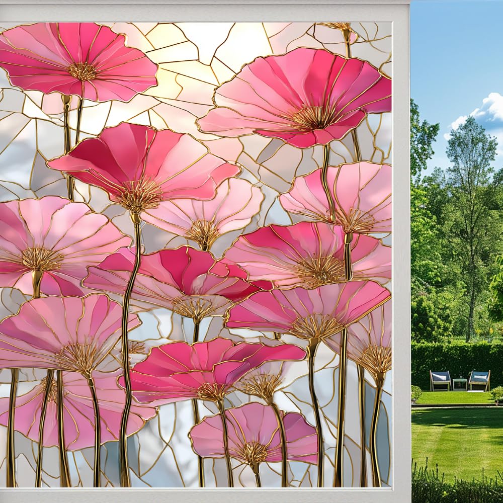 Glam Style Flower Privacy Window Film, Gold Line Floral Poppy Frosted Self-Adhesive Vinyl Cling for Glass Doors Bathroom Windows Sun Blocking Heat Control, （50x80cm）