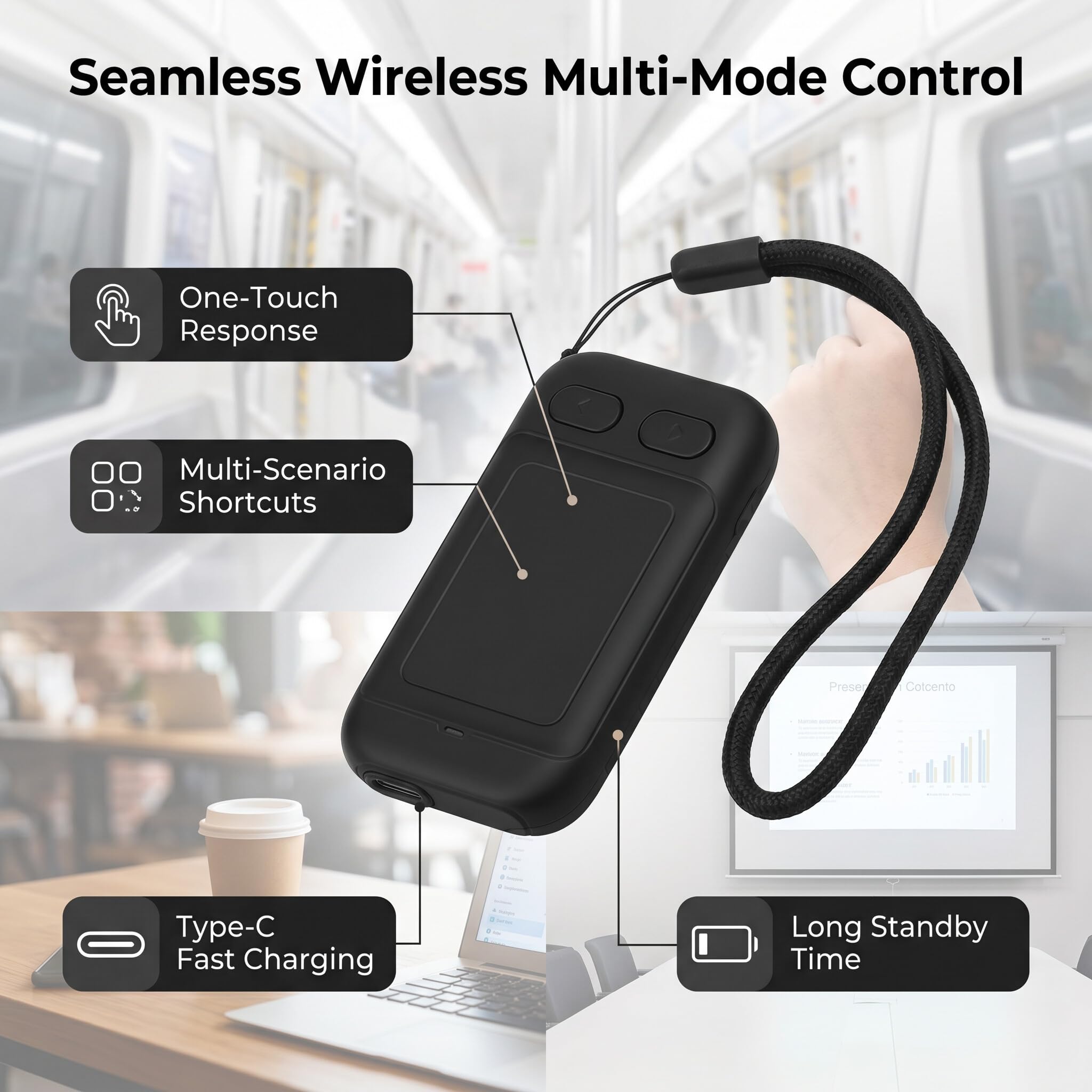 Bluetooth Kamerafemote, Drahtloser Page Turner Touchpad Auslöser Steuerung für Lesen, Fotografie, Präsentationen, Schwarz, 1 Stück, USB C aufladbar, 10m Reichweite, 8 Plus