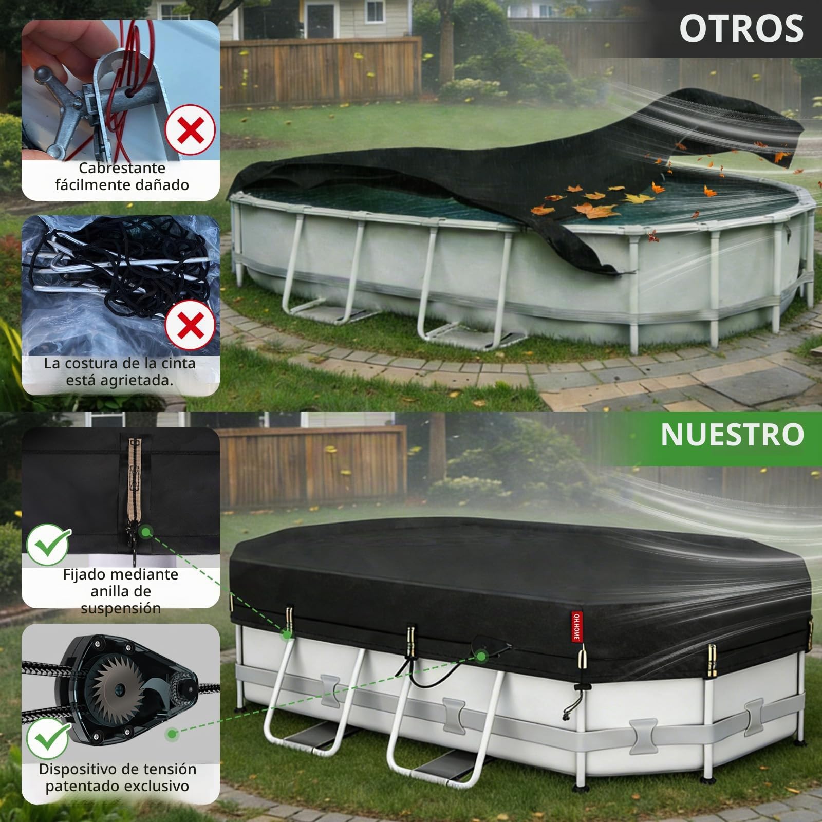 QH.Home Cubierta Ovalada de Invierno para alberca Ovalada Bestway/Intex/Coleman de 8.2 x 14 pies, [Tela Resistente Mejorada 2025 Duradera y Resistente al Viento] con trinquete de Ajuste rápido