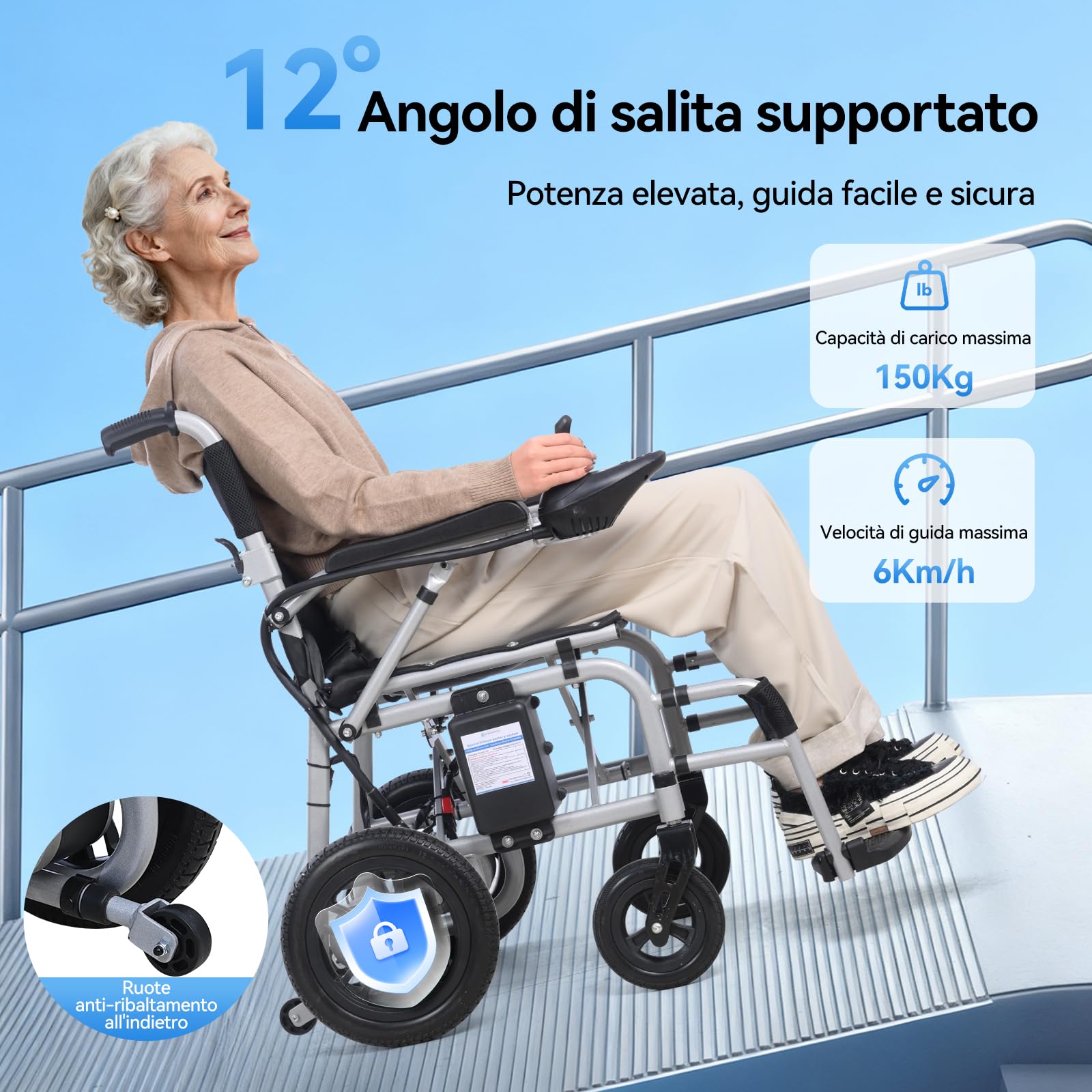 【Nuovo】D12 Sedia a rotelle elettrica pieghevole leggera per anziani, dotata batteria litio 12Ah, autonomia 20km, pneumatici anti-foratura, struttura anti-ribaltamento, idonea al trasporto aereo