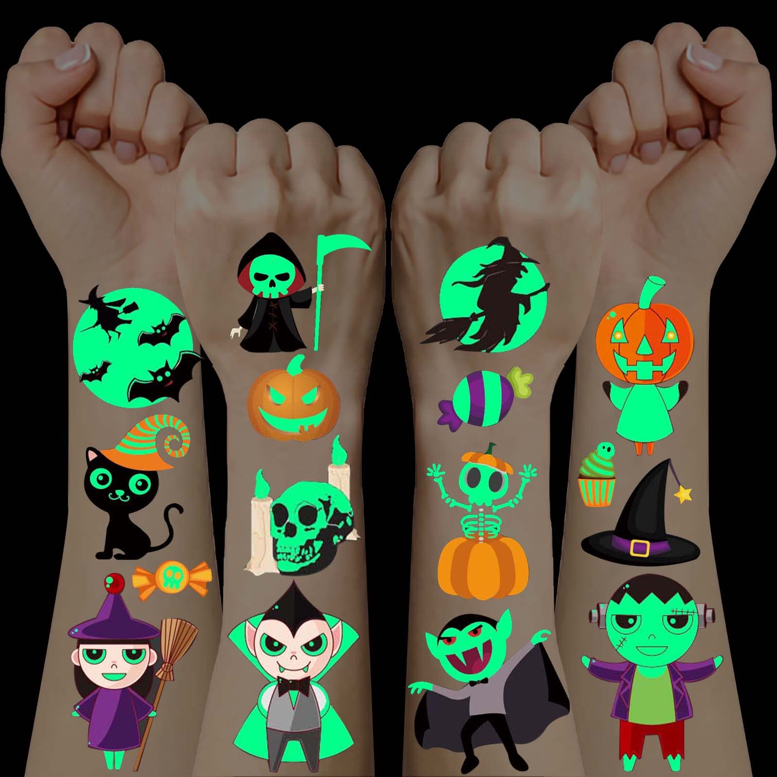 20 Tatuaggi Temporanei Luminosi Per Bambini Halloween - Zucca, Fantasma, Ragno - Impermeabili - 2