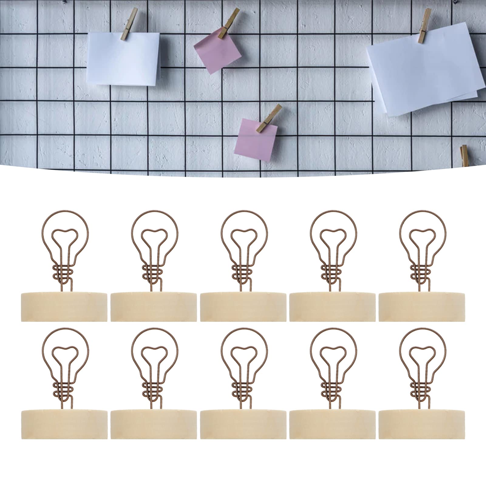 Soporte para tarjetas, 10 unidades, con forma de bombilla, base de madera, clip de notas, simple y bonito adorno de escritorio para fotos y tarjetas, 2.56 pulgadas de alto