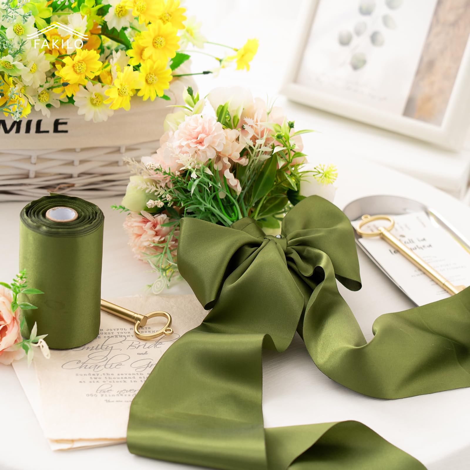 FAKILO Olive Green Satin Ribbon 4 Inch x 22 yd Wide Thick Ribbon for a Grand Opening Business Ribbon Cuttings Ceremony Bow Wedding Chairs Party Christmas Festival Decor - Image 4