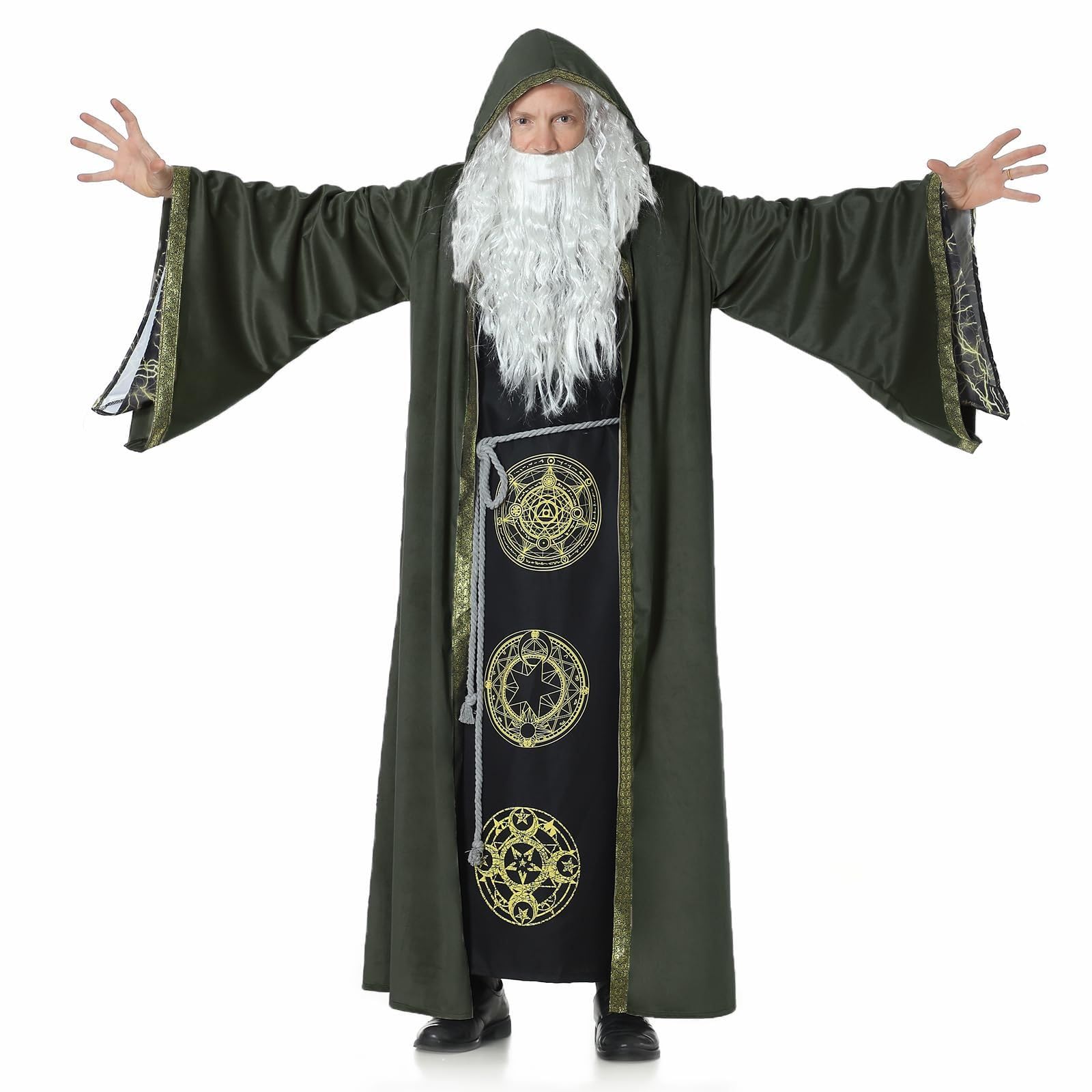 RRCBMD Wizard Cape Hooded Wizard Robe Men Cloak with Sleeves Robe Costume Wizard Outfit Wizard Robes Adult Men (Army Green-170CM) - Image 4