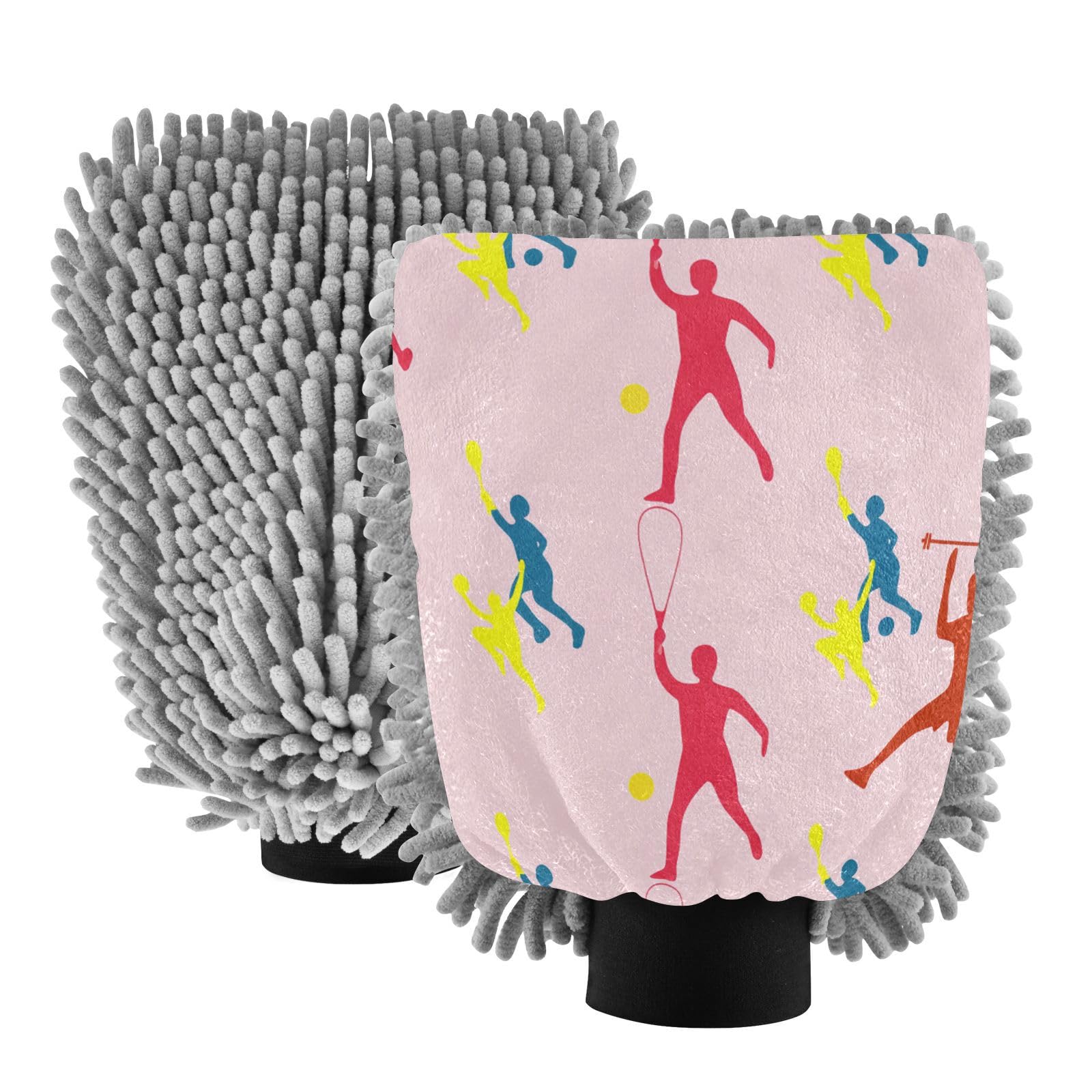 STAYTOP Badminton Player Car Wash Mitt Microfiber, 2Pcs Scratch Free Lint-Free, Premium Chenille Microfiber Mitt Car Wash Brush-L