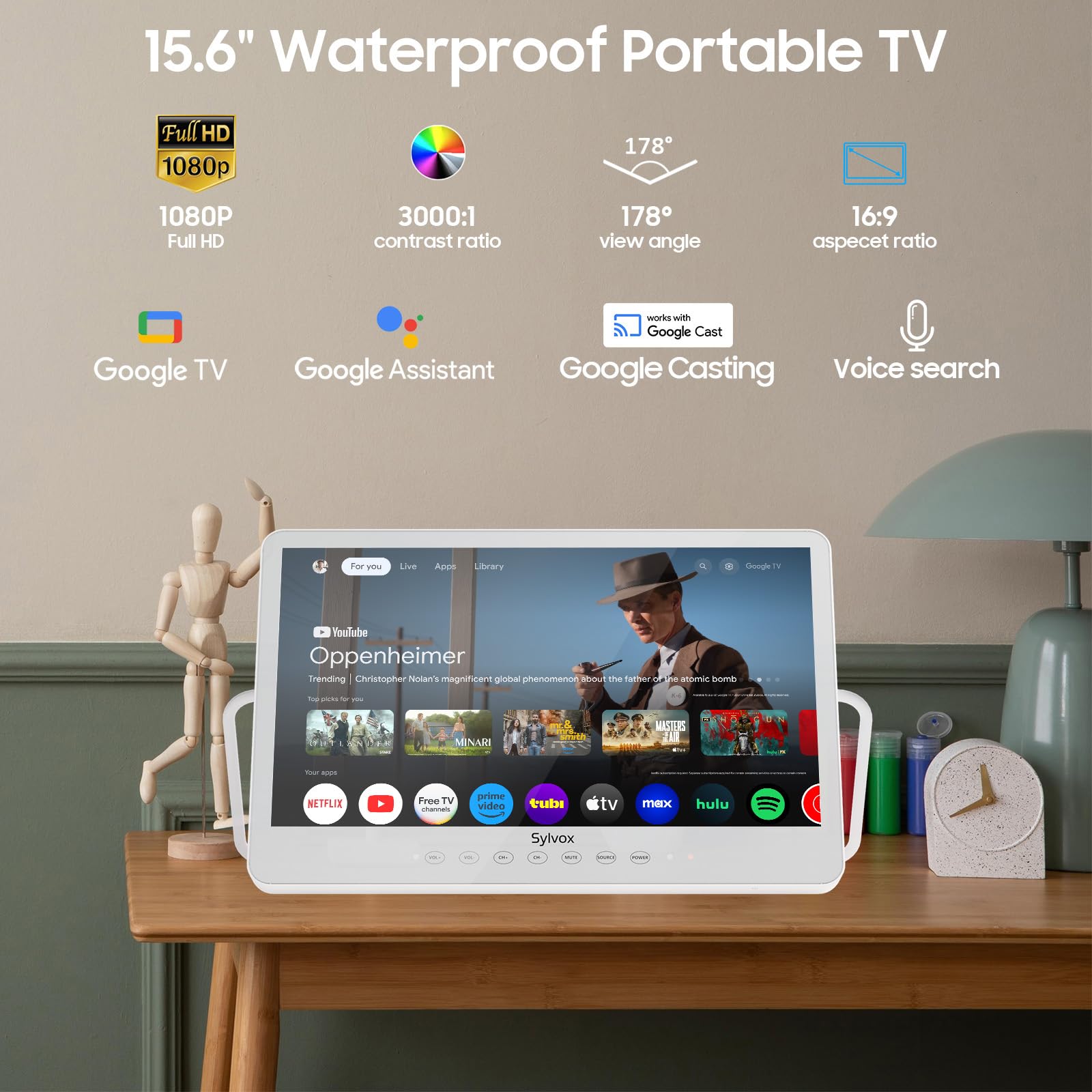 SYLVOX 15,6 Pouces Téléviseur Portable, Smart Google TV IP66 Étanche | Mini TV 1080P FHD Girevole 360°avec Poignée | DVB-C/T/T2/S2 | USB/HDMI -10000mAh (4-6 Heures) pour Camping, Chambre, Cuisine