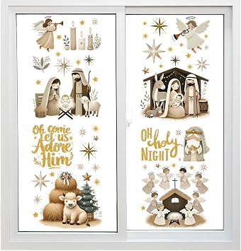 Christmas Party Decorations - 9 Sheets Merry Christmas Window Clings Jesus Nativity Window Stickers Double-Sided for Xmas Home Kitchen Office Decor Winter Holiday New Year Party Decals Supplies