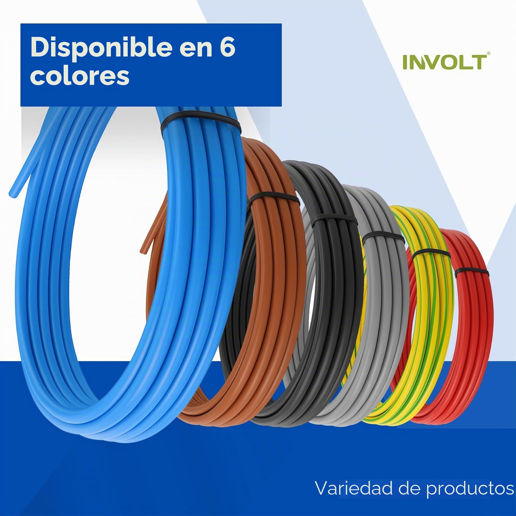 INVOLT Juego de Cables H07V-K con 100 Punteras Estanadas, Cable de Cobre 10 mm², 3 x 15 m Cables Individuales, Negro, Azul, Verde-Amarillo, Conforme VDE, Fabricado en Alemania