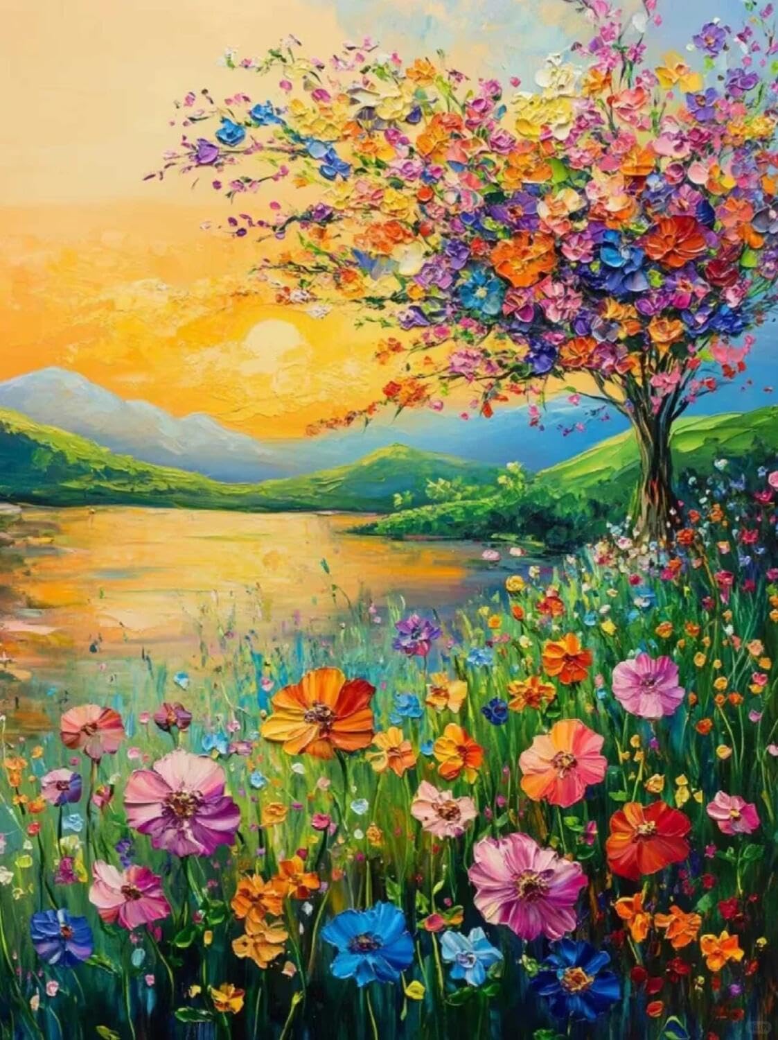 Rqwybcaxn Stamped Beaded Cross Stitch Kits Colorful Flowering Trees 40x50cm
