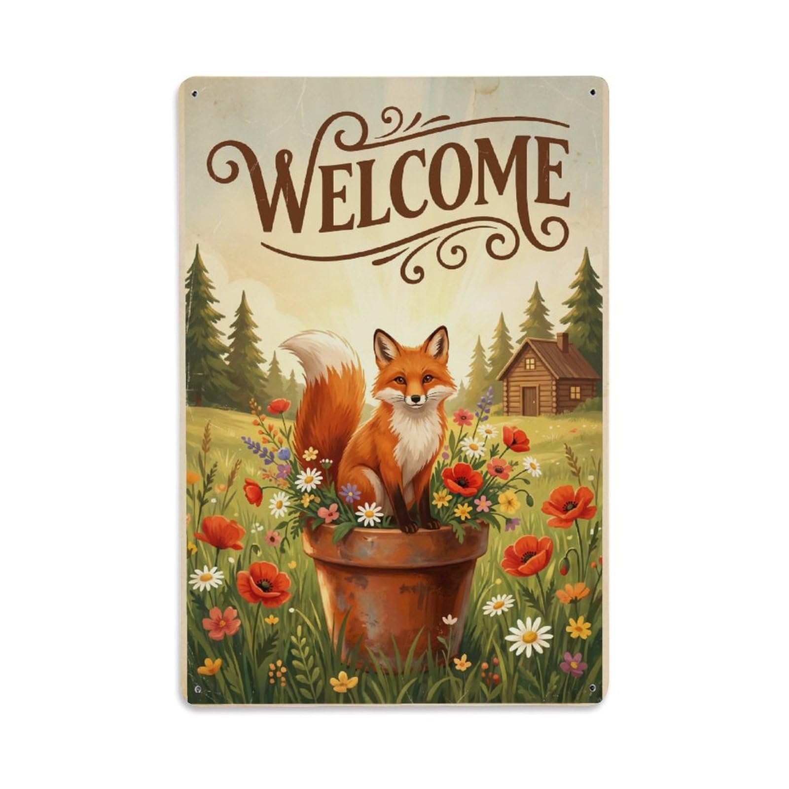 Cxhjca 8X12inch(20X30cm) Vintage Welcome Fox Peaceful Place Metal Tin Sign