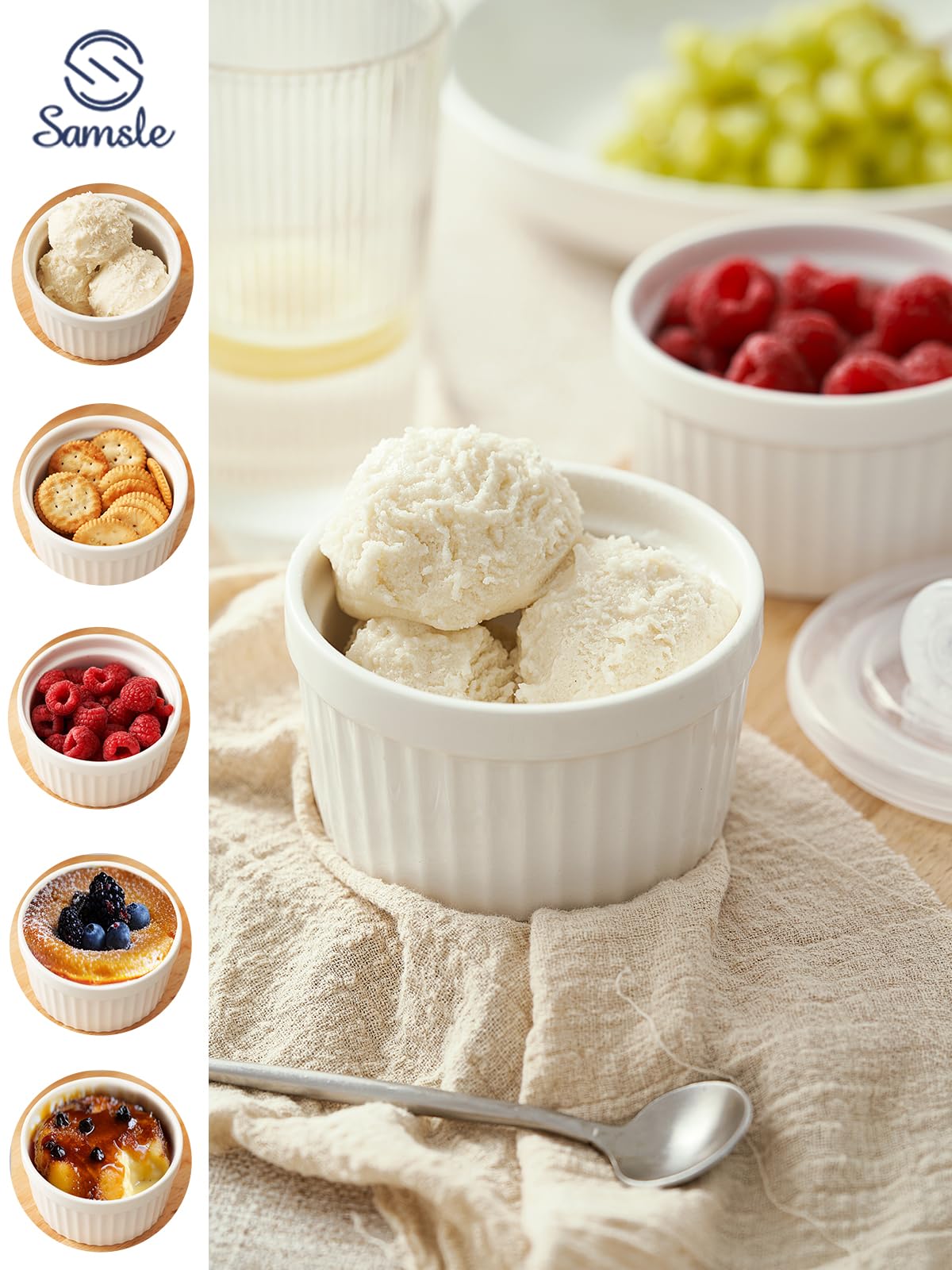 Samsle Ramekins de cerámica de 8 onzas, aptos para horno, pequeños platos de soufflé para crema brulee, helado, salsa y salsas, mini cuencos de porcelana blanca para hornear, juego de 6