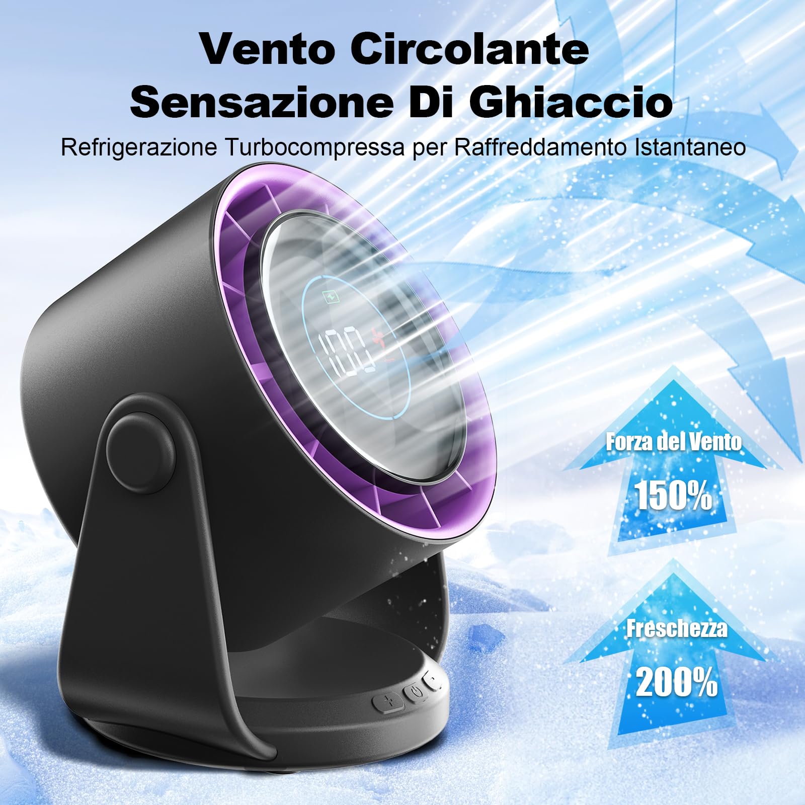 Ventilatore da Tavolo Silenzioso, Potente e Regolabile | Display LED, 11 velocità, 5400 mAh| ventilatore da parete Inclinazione variabile a 105° Per Camera, Soggiorno, Cucina, Scrivania,Campeggio