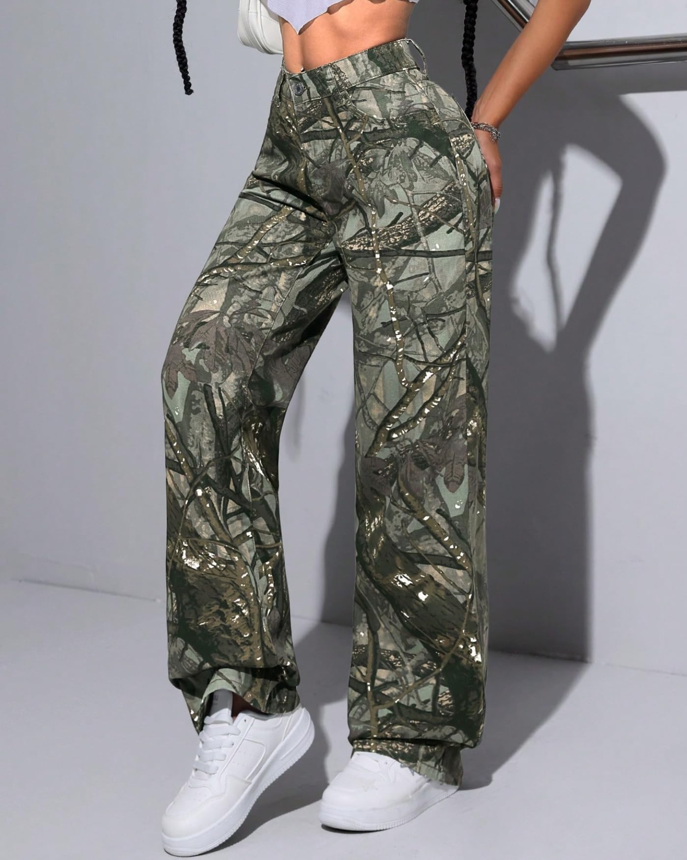 EZAPINE Cargohose für Damen, Camouflage, niedrige Taille, weites Bein, Jeans, schmale Passform, Sweatpants mit Taschen