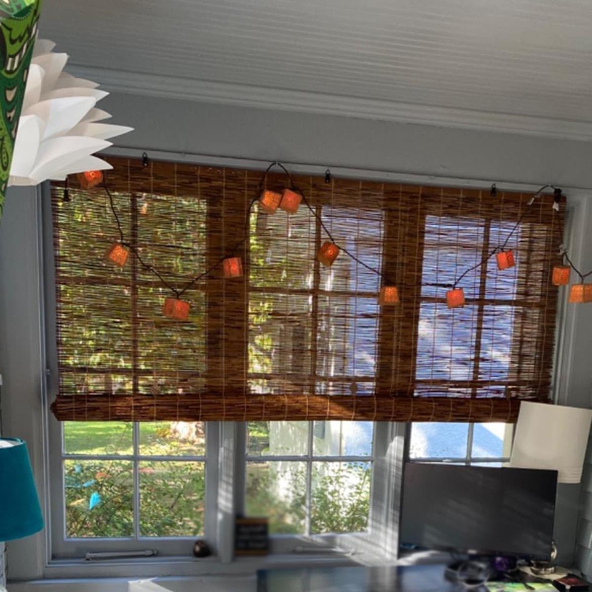 Bamboo Blinds Blackout for Patio Outdoor Roller Sunshade Curtains 54" 84" 72" 48" 39" 27" 62" Bamboo Room Darkening Window Blind with Thermal Insulated, Cordless Roman Shade Blind(52"W x 48"H)