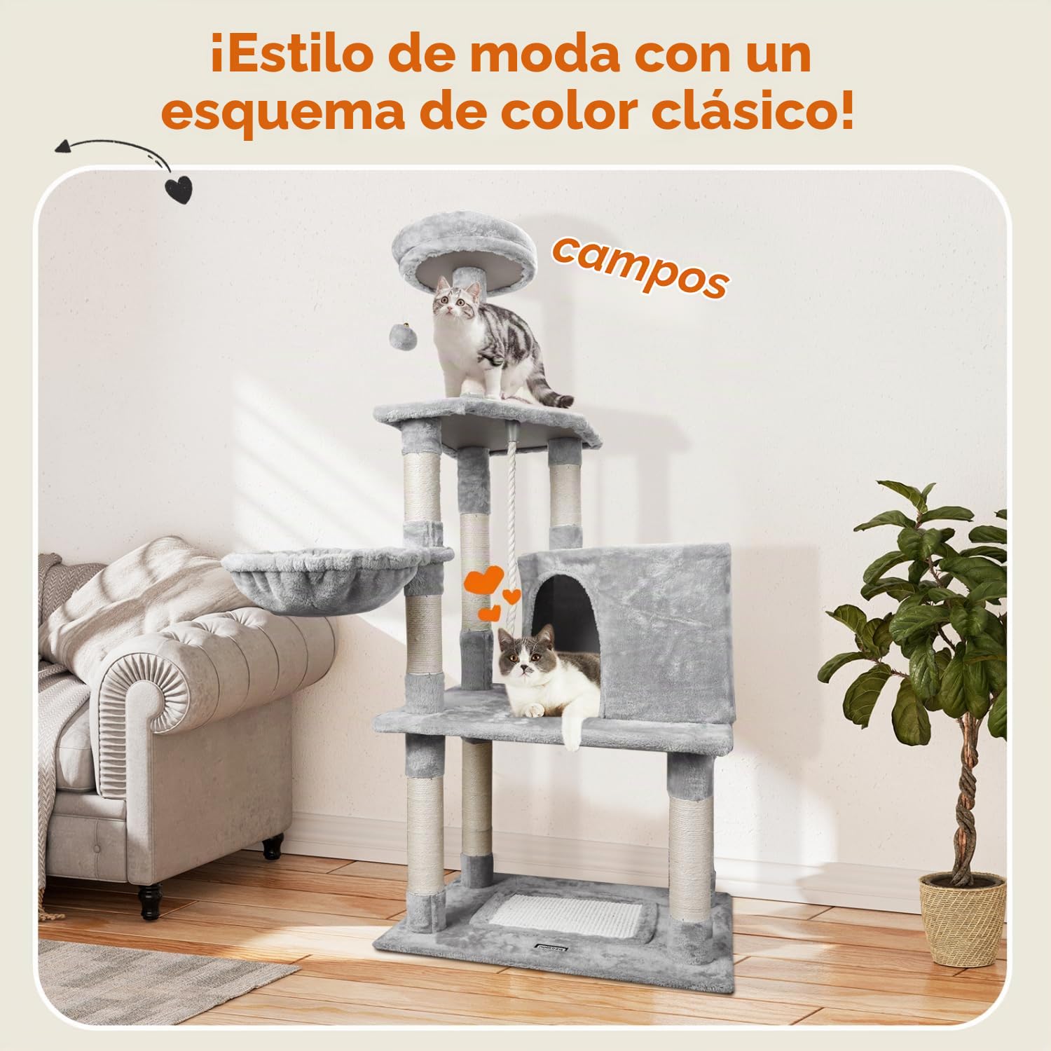 Nobleza Árbol Rascador para Gatos Grande 168cm, Torre de Actividades Multinivel con 9 Postes de Sisal, 2 Nidos, Hamaca y Pompón, Gris