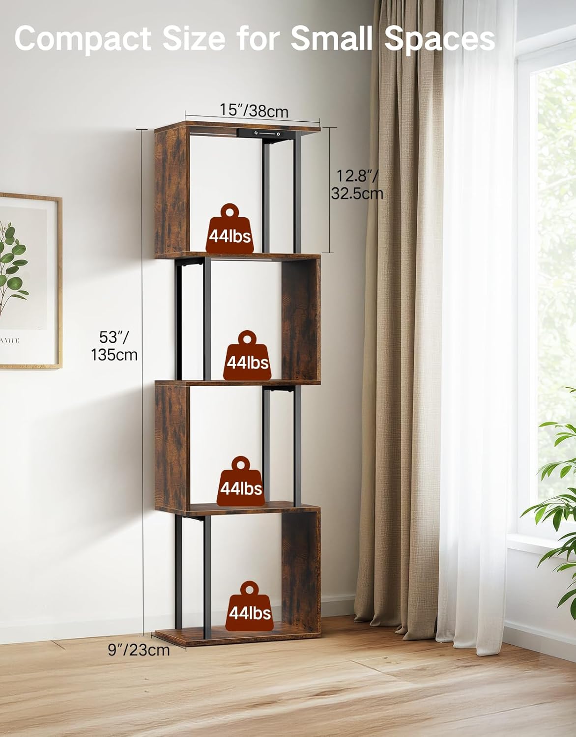 5 Tier S-Shaped Geometric Bookshelf with LED Light, 3 Color Temperatures, Touch & Remote Control, Dimmable Standing Bookcase, Small Display Shelf for Living Room, Bedroom, Office