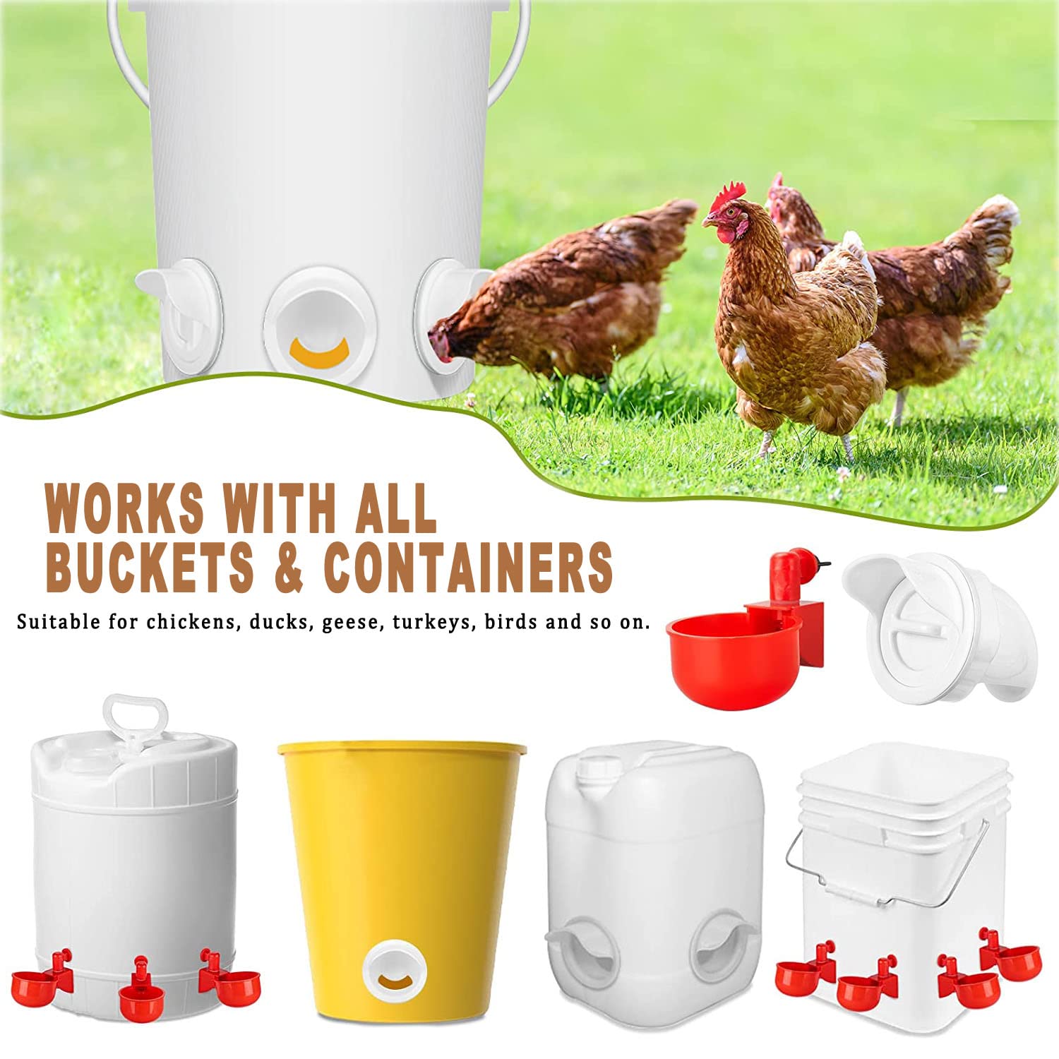 Chicken Feeder Waterproof and Chicken Waterer Cup, 6pcs No Waste Chicken Feeder for Buckets,Barrels,Bins, and 6pcs Chicken Water Cups for Chickens, Birds, Turkeys etc - image 3