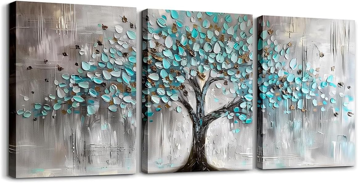 Homewish Tree of Life Canvas Wall Art for Living Room,Teal Blue Gray Abstract Picture Prints for Bedroom Office Home Decoration, Modern Nature Landscape Painting Artwork, 40x30cm Set of 3