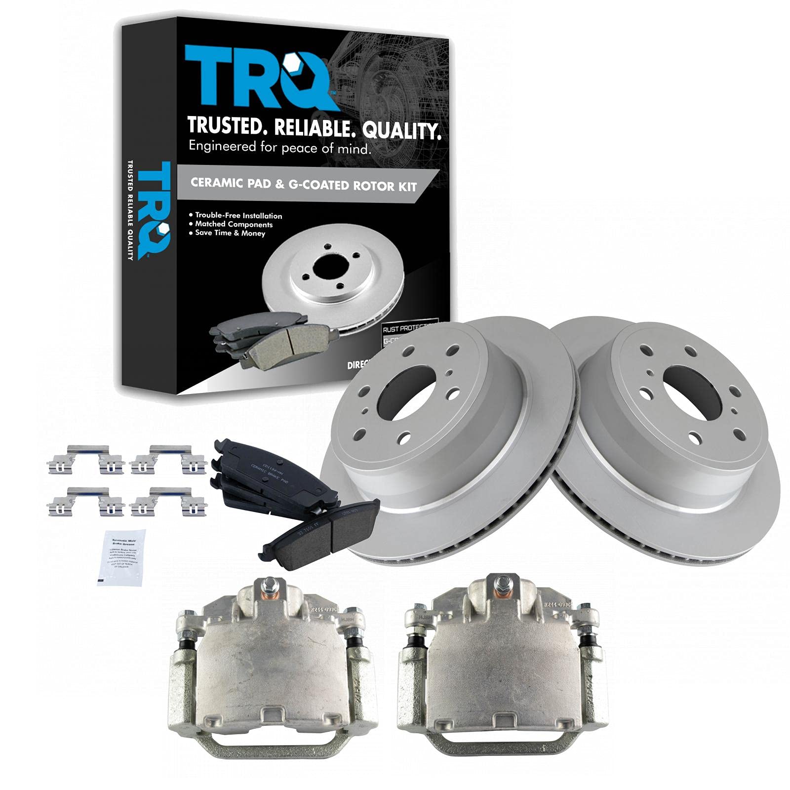 TRQ Rear Ceramic Pads G-Coated Rotors &amp; Calipers Kit