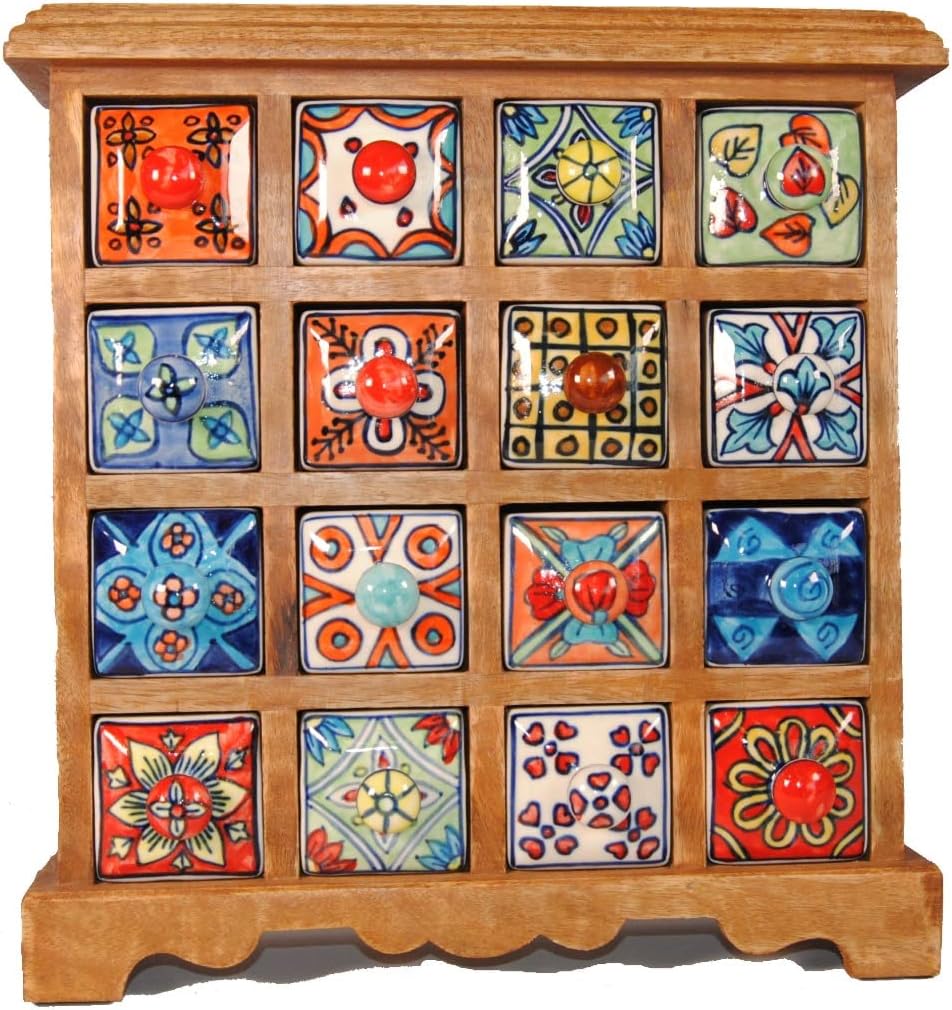 Terrapin Trading Fair Trade Mangowood 16 Drawer Hand Painted Indian Ceramic Storage Chest 33cm