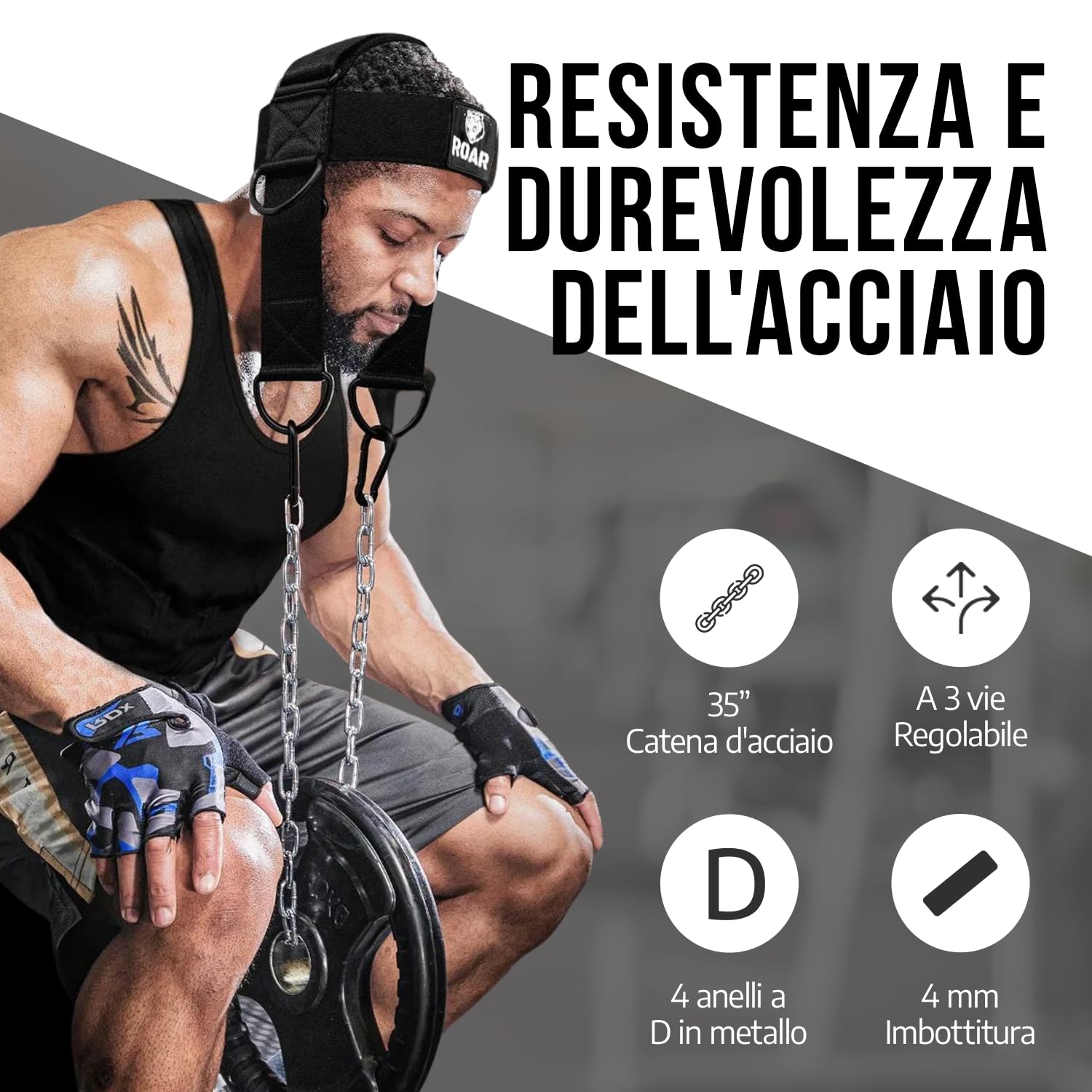 Roar® Imbracatura sollevamento pesi Allenatore per sollevamento pesi Cintura spessa Collo per sviluppo allenamento Cappello Resistenza Forza Costruttore muscolare Catena Esercizio Sollevamento