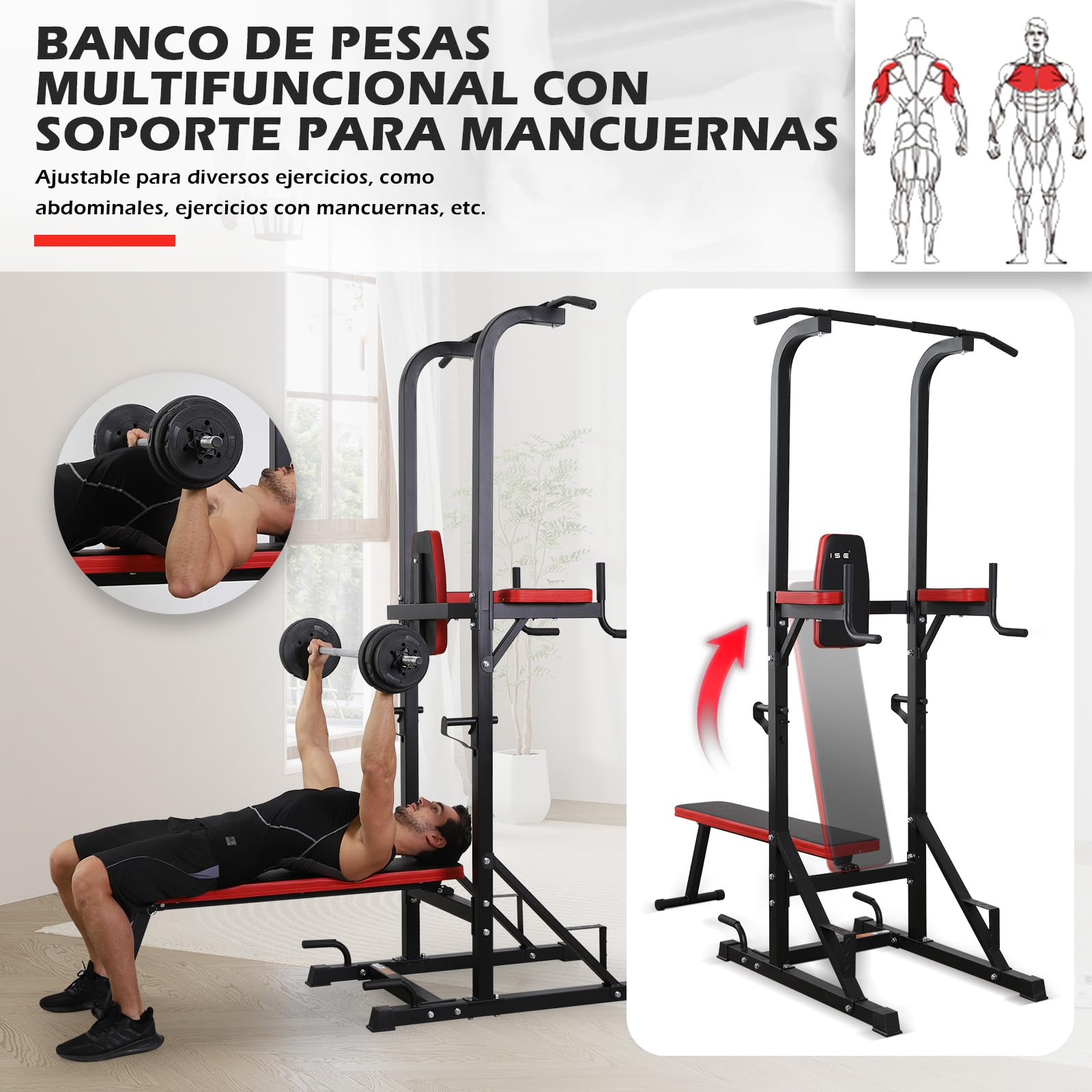 ISE Multiestación de musculación con Torre para levantamiento e inmersión en entrenamiento de fuerza + Banco de musculación plegable con 3 posiciones.Flexiones/dips/dominadas/press de banca