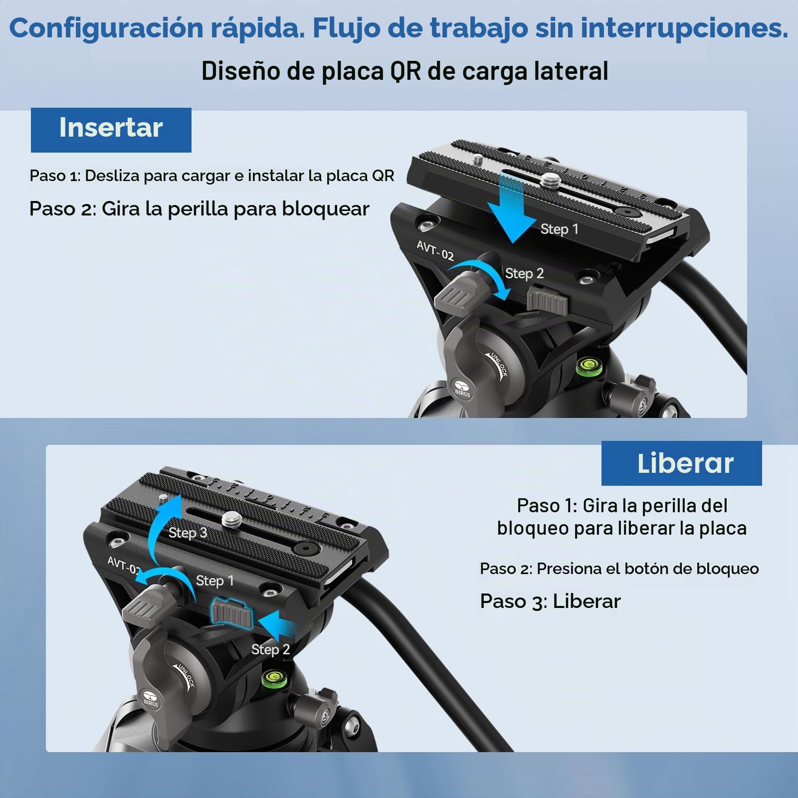 SIRUI 74.8" Trípode de Video de Aluminio con Cabeza Fluida 360°, AVT-02 | Extensión Rápida, Movimientos de paneo de 360° e inclinación de +90°/-60°, para Cámaras DSLR/Mirrorless, Carga 10kg