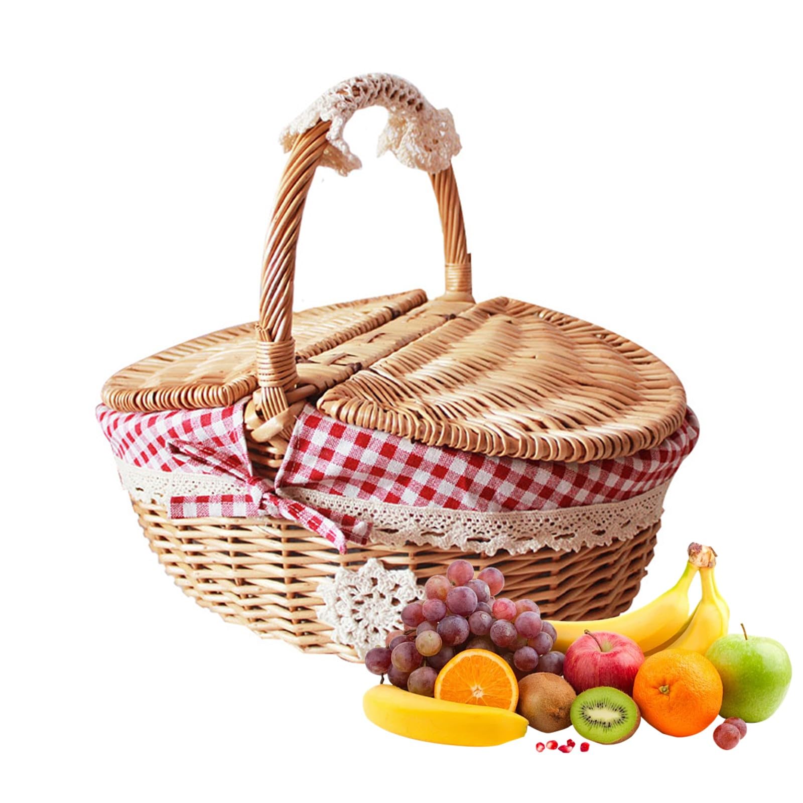 Wicker Picnic Basket with Lid and Handle, Woven Willow Hamper for Picnic, Camping, Hiking, Wedding, Flower Arrangement