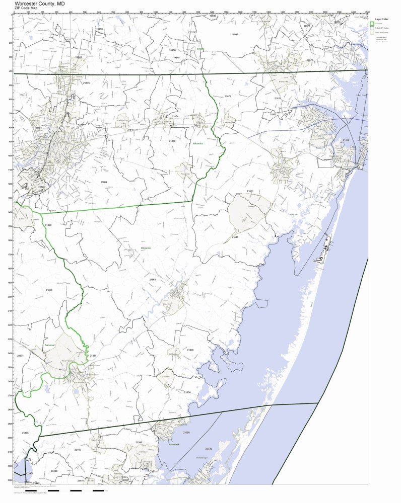 Worcester County, Maryland MD ZIP Code Map Not Laminated Office Products