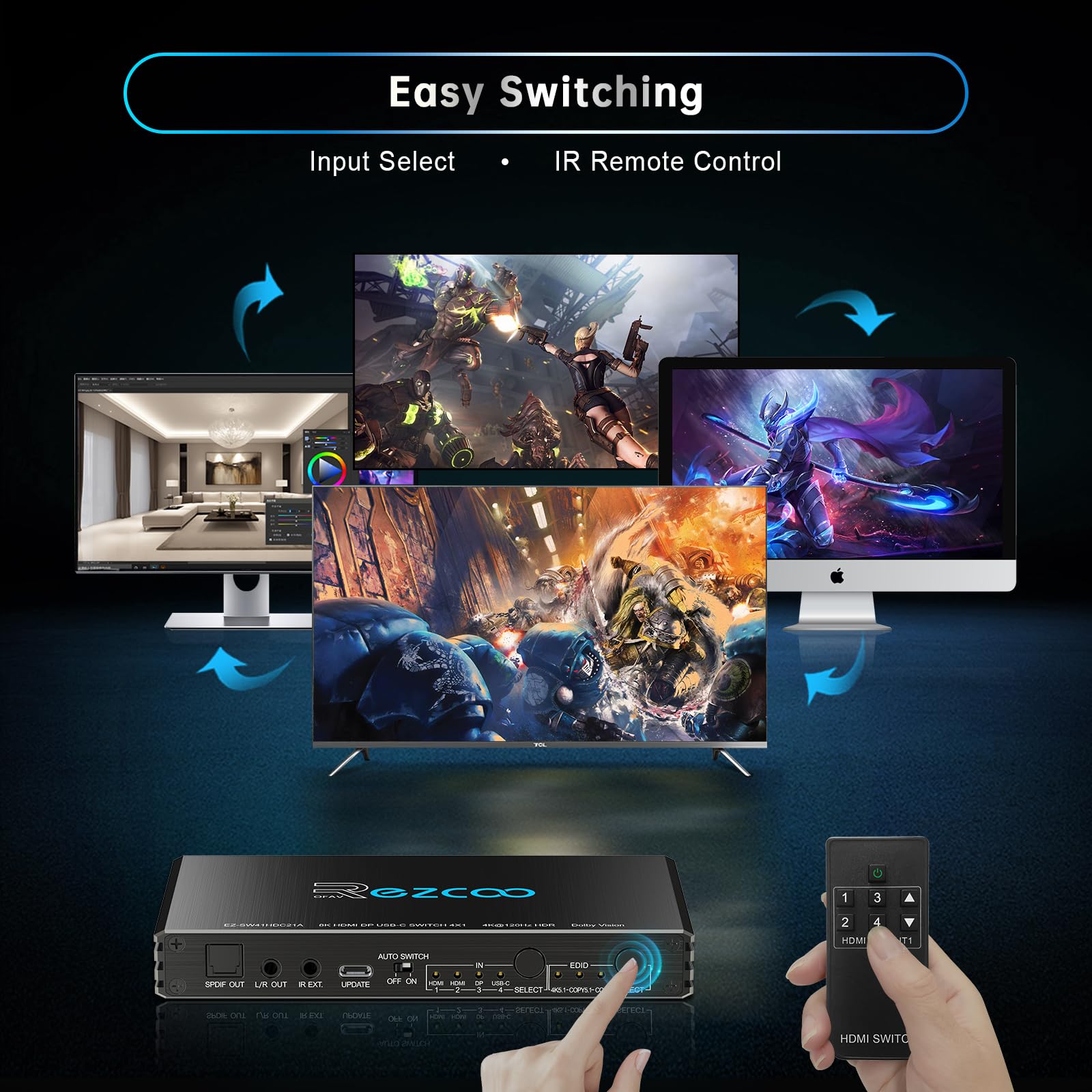 Commutateur HDMI 2.1 4K@120Hz 4x1 avec USB-C DP1.4 et extracteur audio (optique/3,5 mm Out) VRR ALLM HDCP 2.3 HDR Dolby Vision/Atmos - Pour PS5, Xbox, Gaming, Télécommande infrarouge