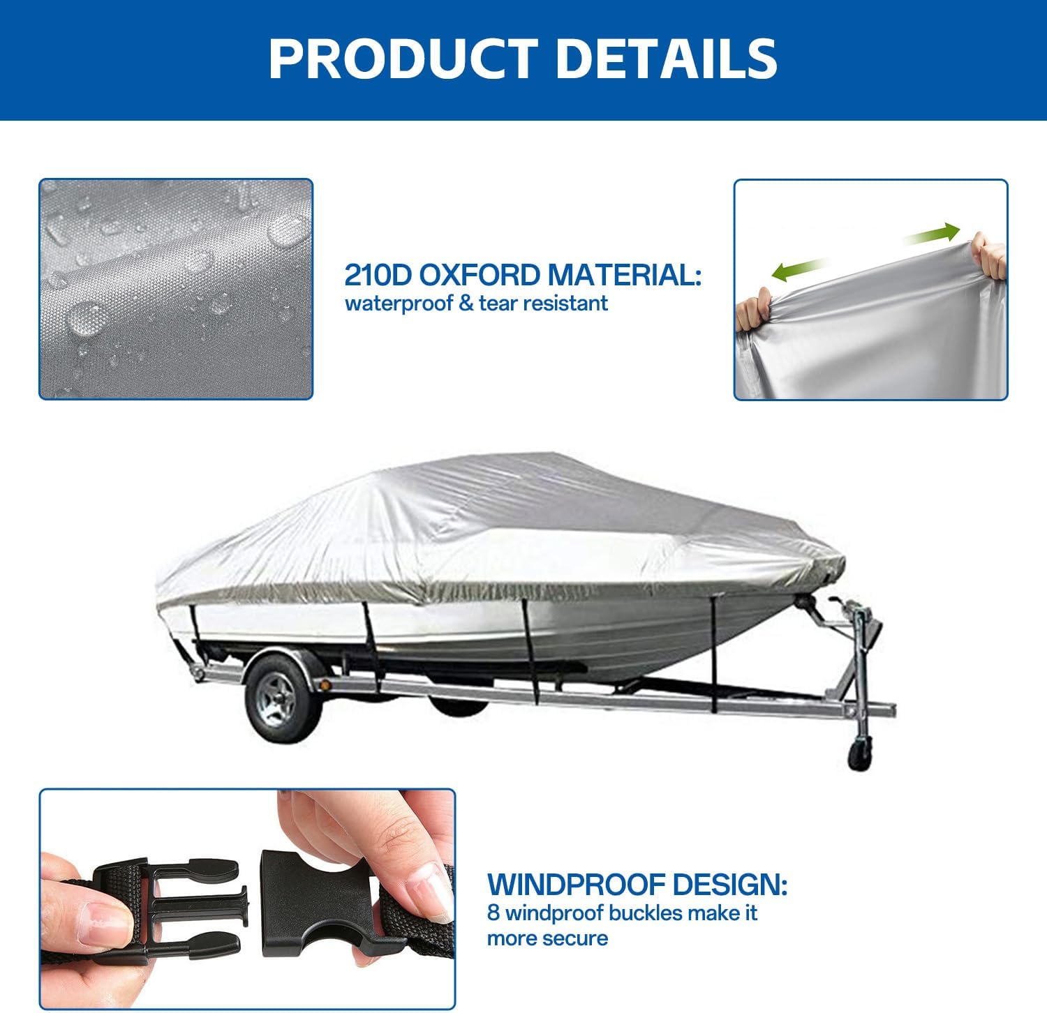 Heavy Duty 17-19ft Boat Cover, UV Resistant & Waterproof, 17' 18' 19' Foot Cover for Bass Boat, Tri-Hull, V-Hull, Runabout, Fish & Ski Boat, Silver